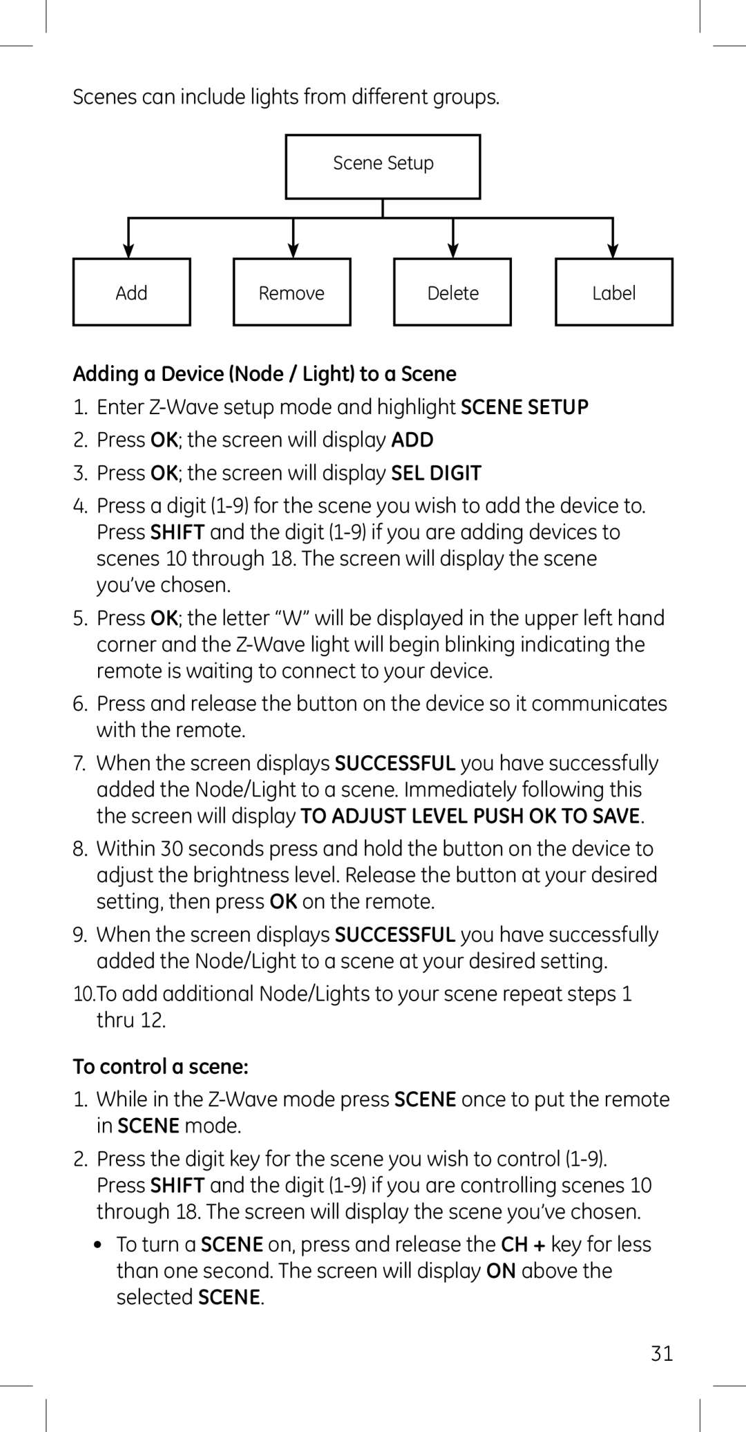 GE 45608 manual Adding a Device Node / Light to a Scene, To control a scene 