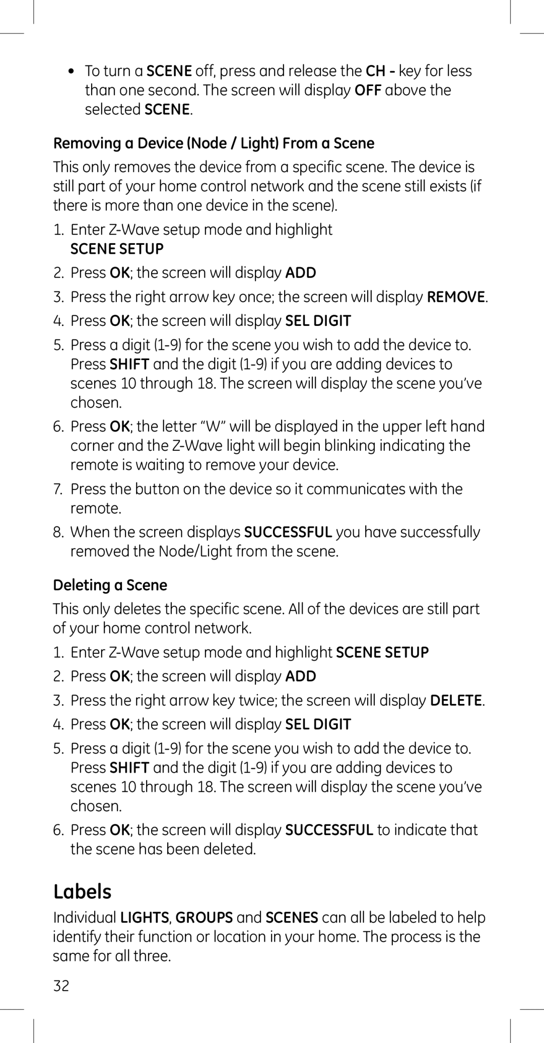 GE 45608 manual Labels, Removing a Device Node / Light From a Scene, Scene Setup, Deleting a Scene 