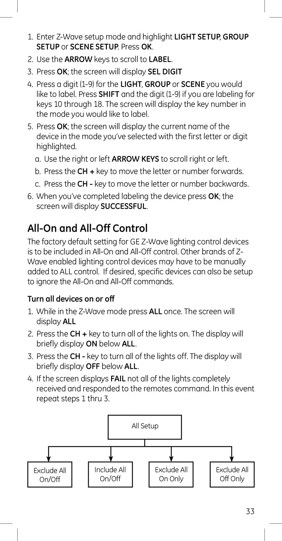 GE 45608 manual All-On and All-Off Control, Turn all devices on or off 