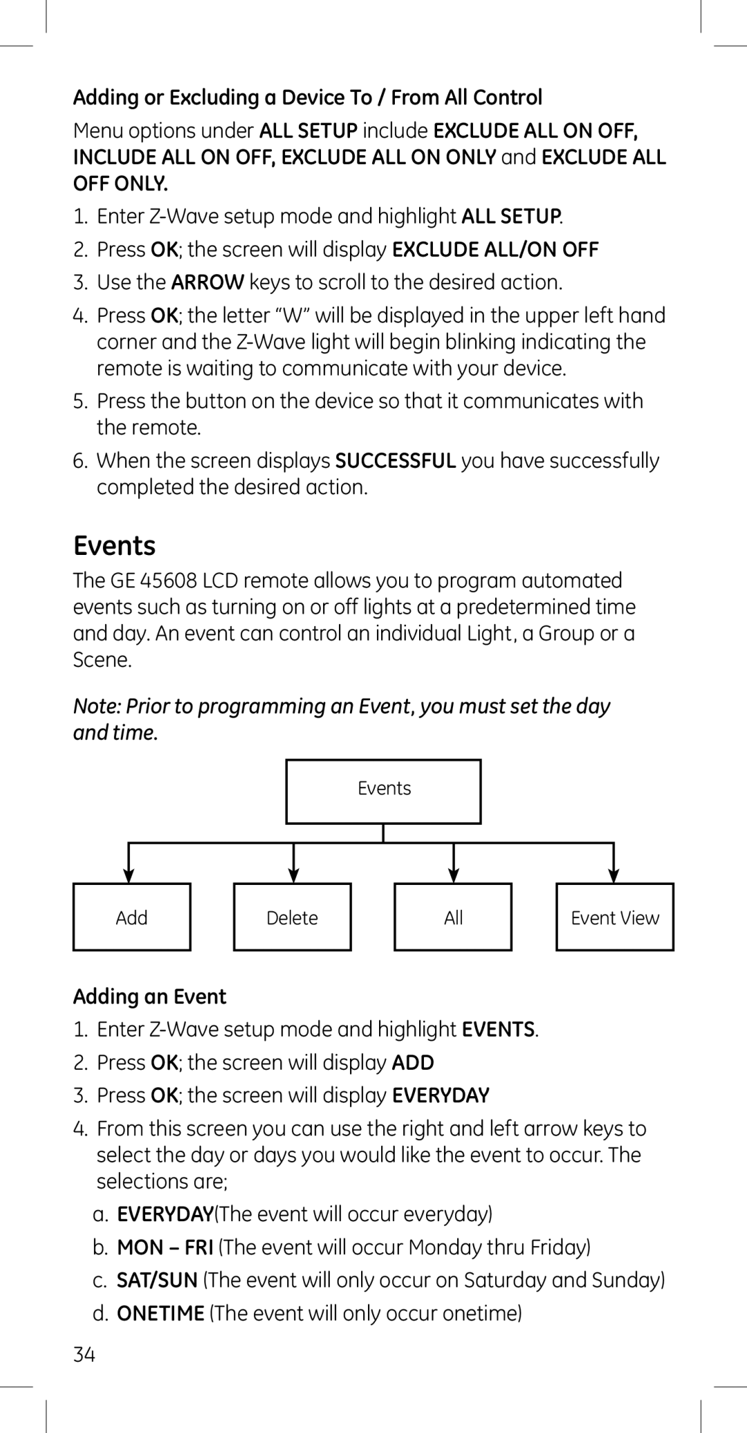 GE 45608 manual Events, Adding or Excluding a Device To / From All Control, OFF only, Adding an Event 