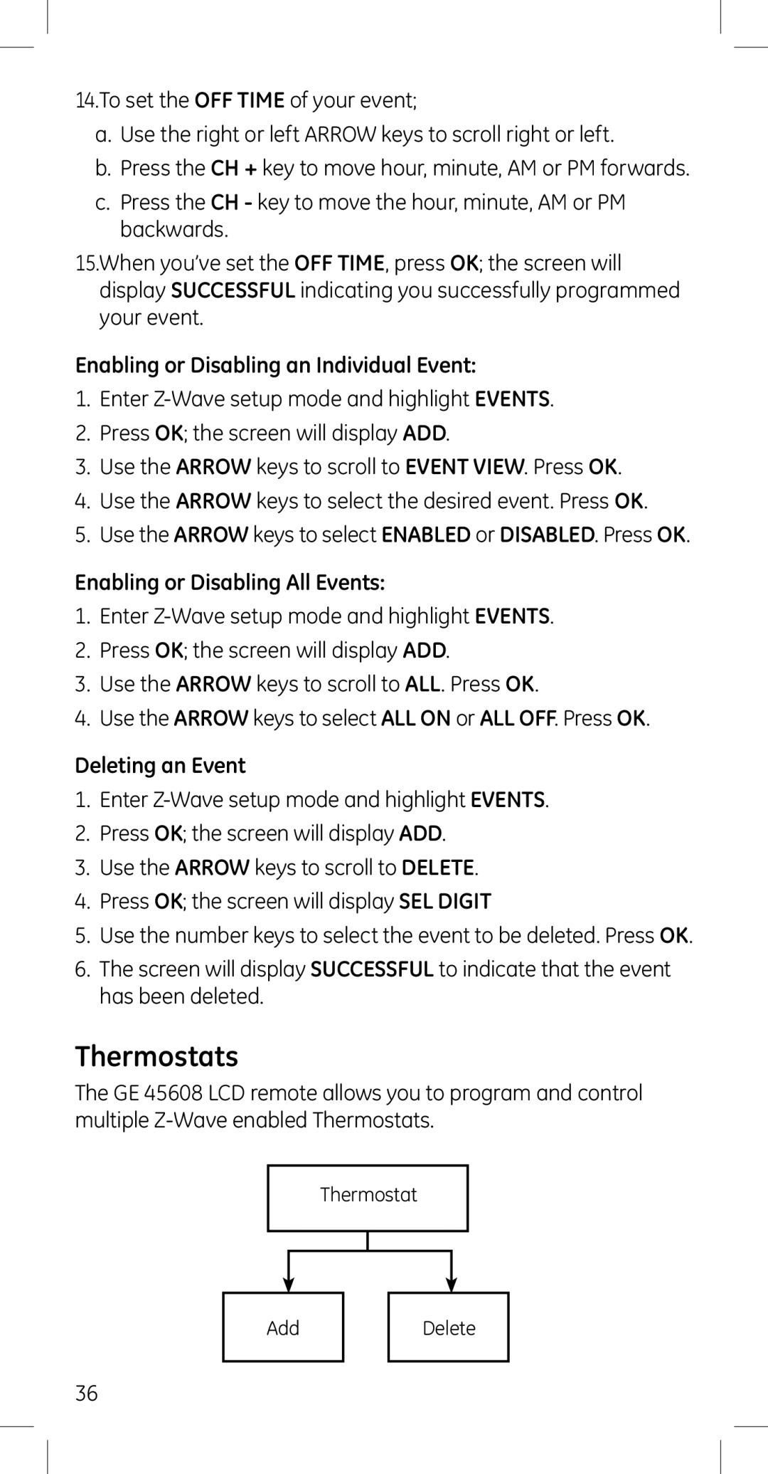 GE 45608 manual Thermostats, Enabling or Disabling an Individual Event, Enabling or Disabling All Events, Deleting an Event 