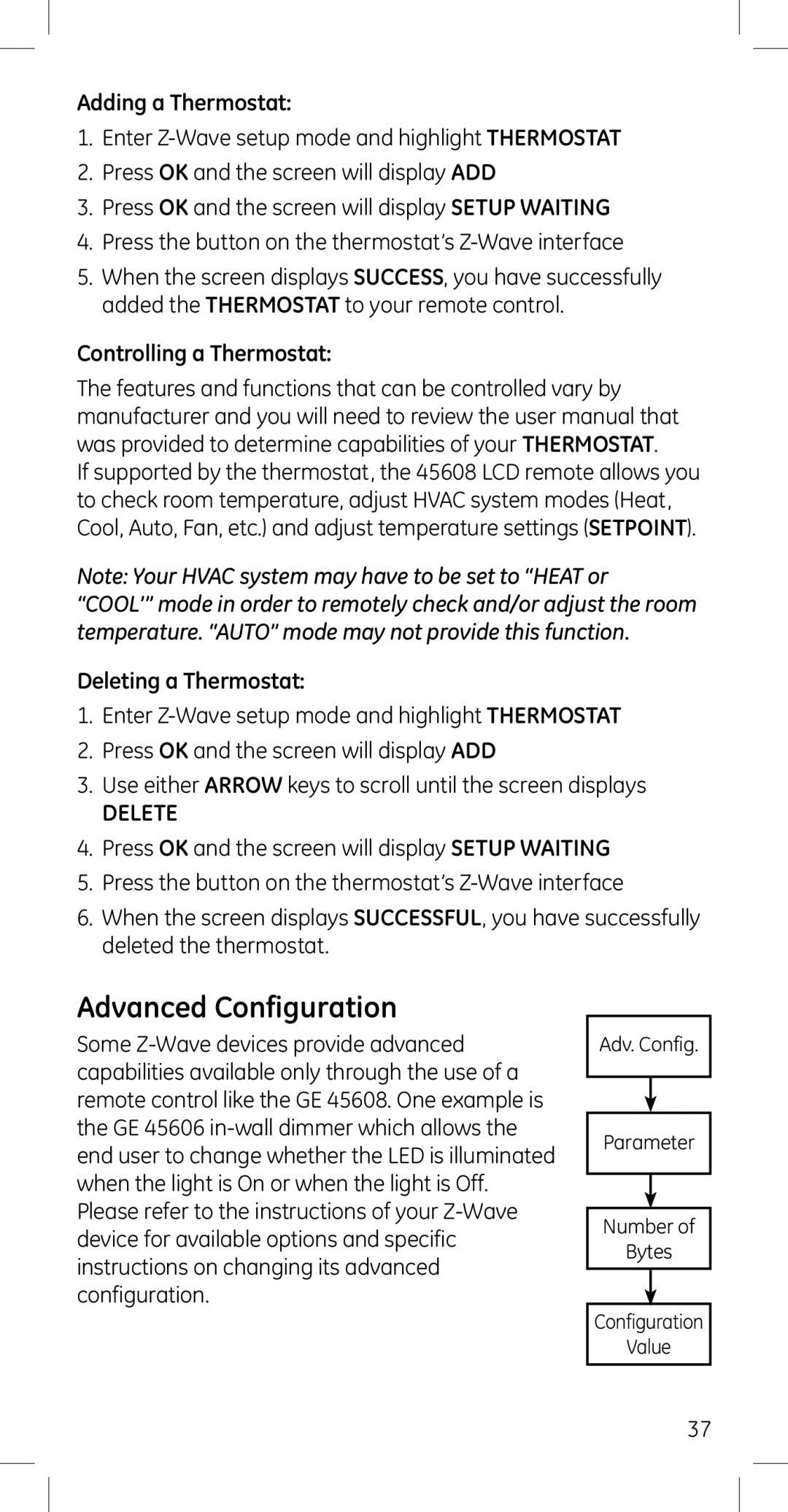 GE 45608 manual Advanced Configuration, Adding a Thermostat, Controlling a Thermostat, Deleting a Thermostat, Delete 