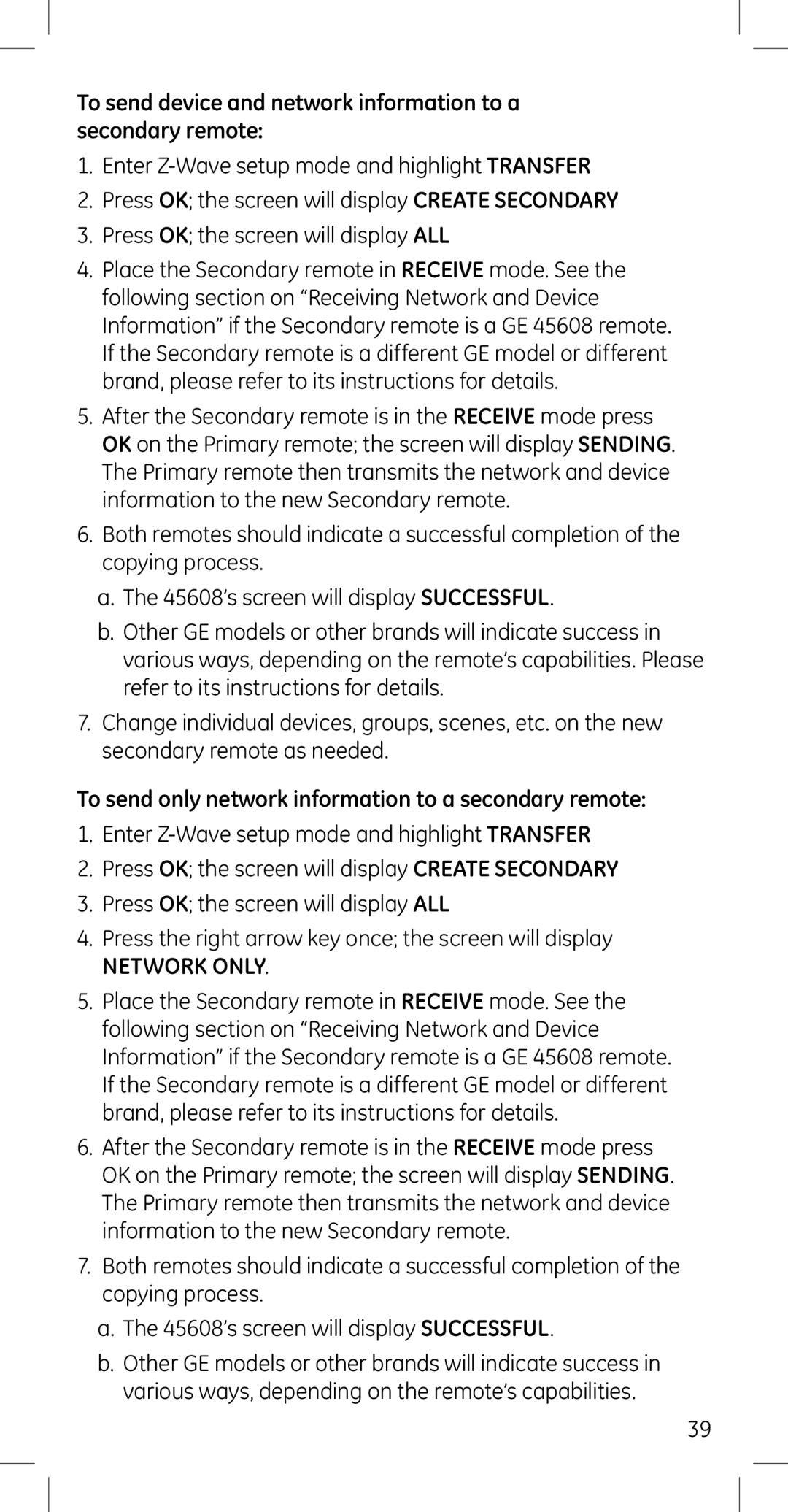 GE 45608 manual To send only network information to a secondary remote, Network only 