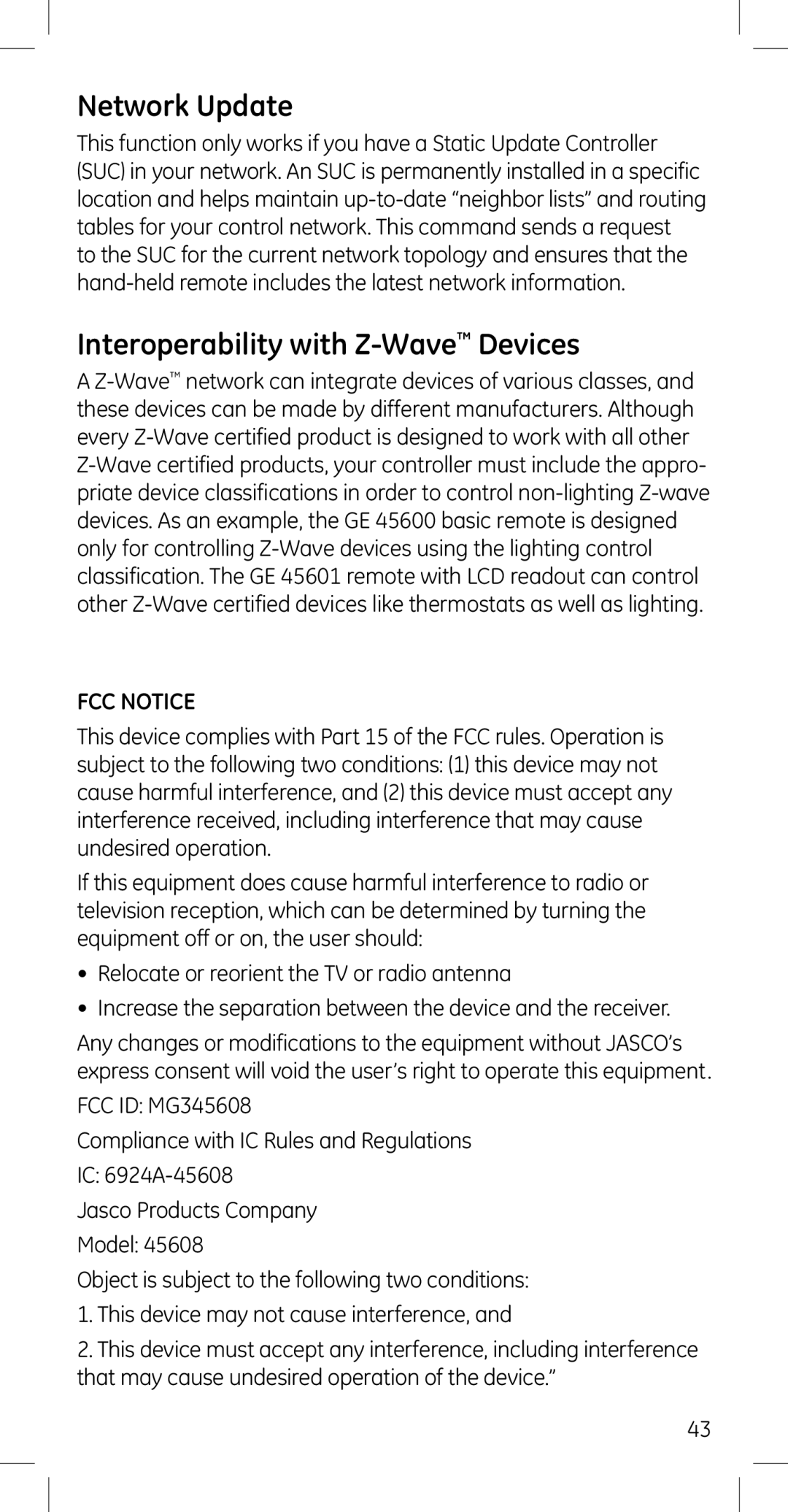 GE 45608 manual Network Update, Interoperability with Z-WaveDevices, FCC Notice 