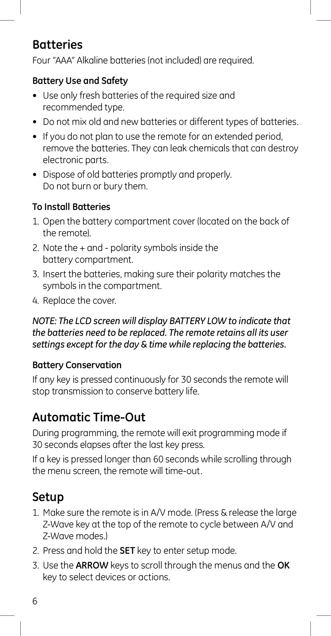 GE 45608 manual Batteries, Automatic Time-Out, Setup 