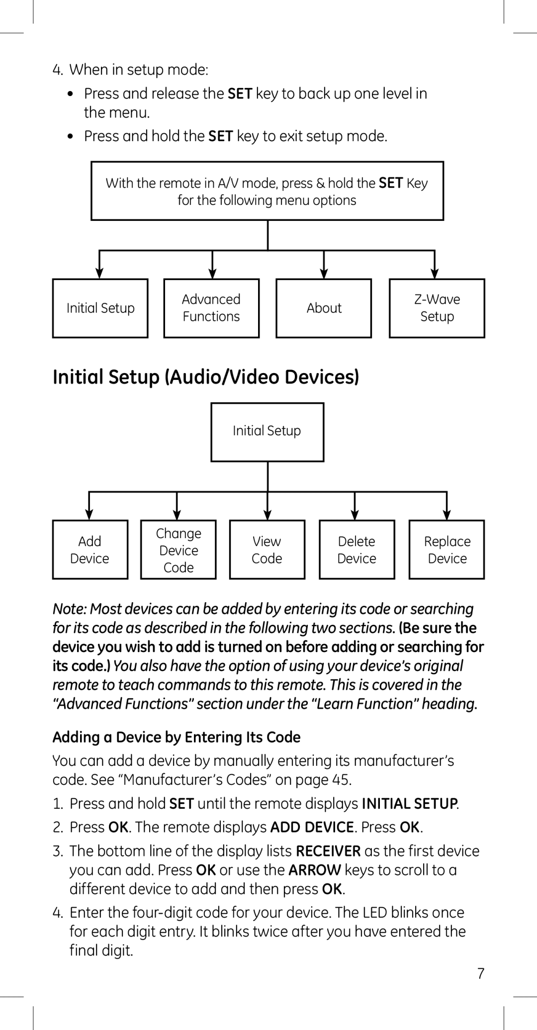 GE 45608 manual Initial Setup Audio/Video Devices, Adding a Device by Entering Its Code 