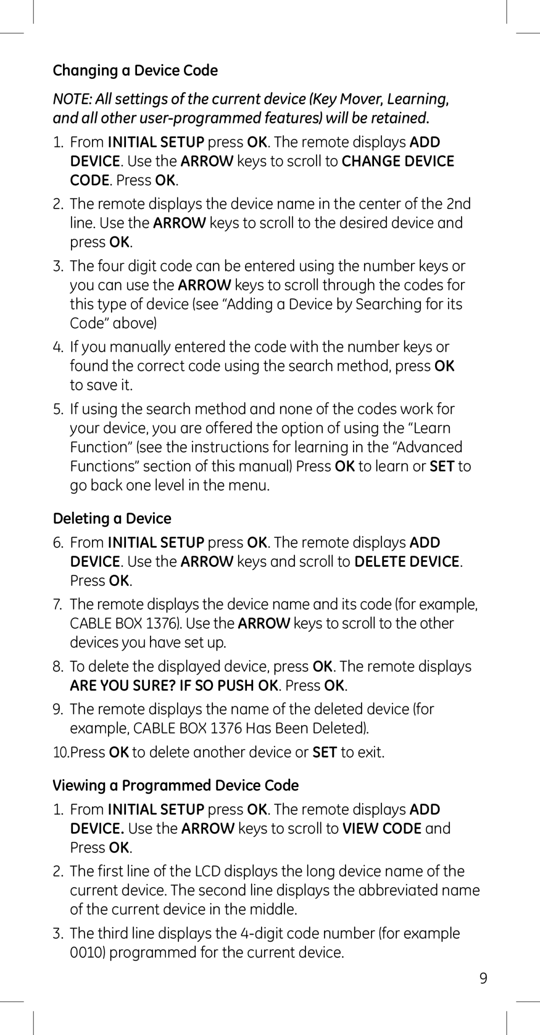 GE 45608 manual Changing a Device Code, Deleting a Device, Viewing a Programmed Device Code 