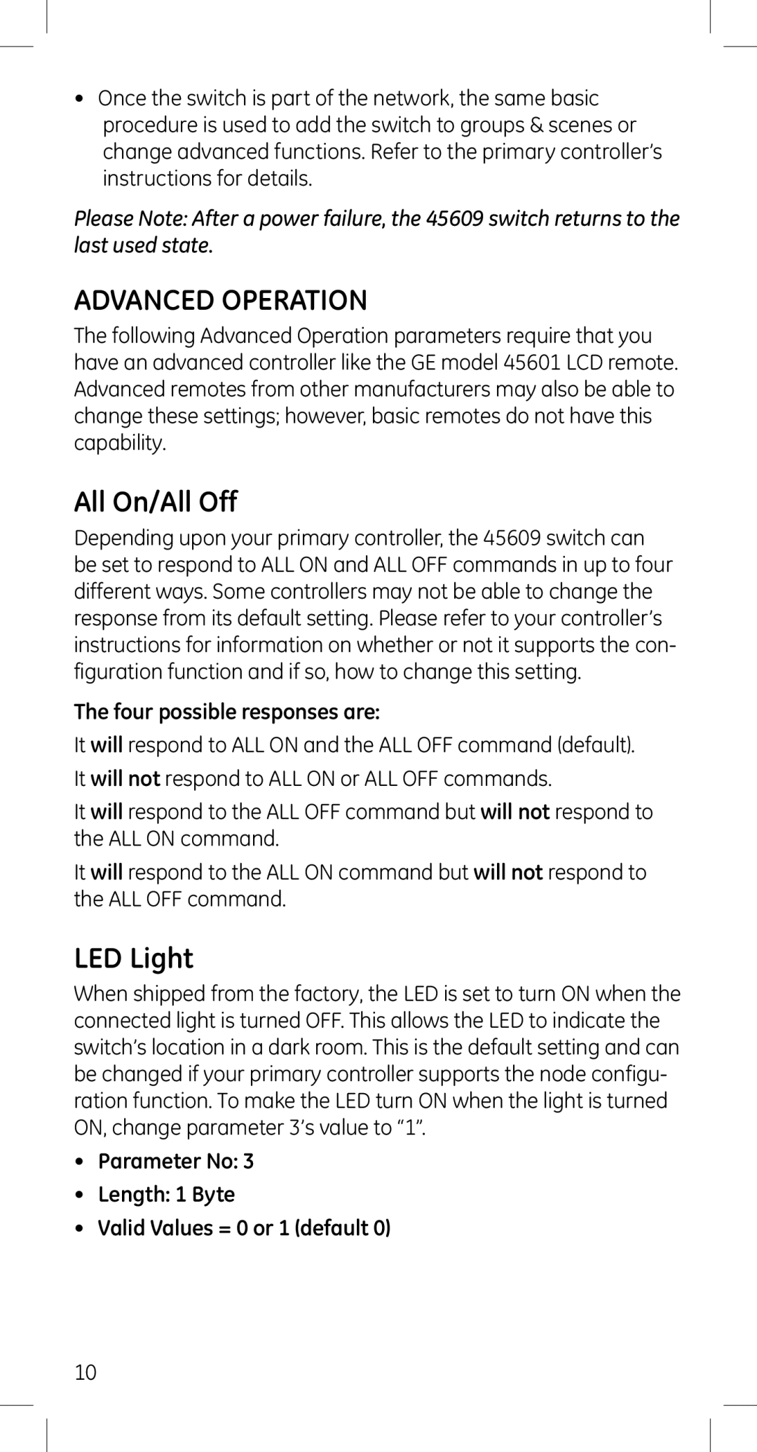 GE 45609, 45614 manual Advanced Operation, All On/All Off, LED Light, Four possible responses are 