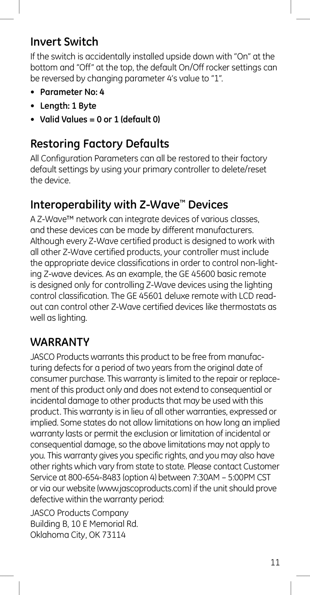 GE 45614, 45609 manual Invert Switch, Restoring Factory Defaults, Interoperability with Z-WaveDevices, Warranty 