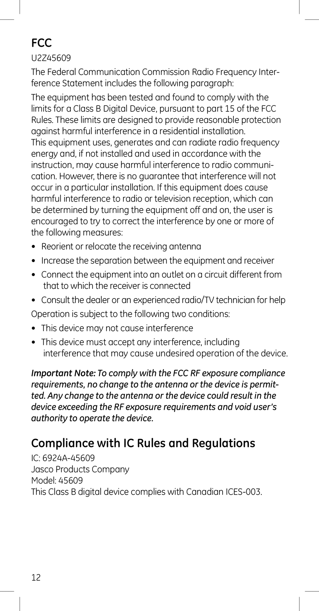 GE 45609, 45614 manual Fcc, Compliance with IC Rules and Regulations 