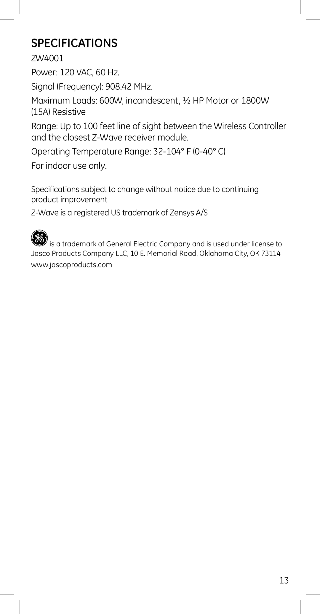 GE 45614, 45609 manual Specifications 