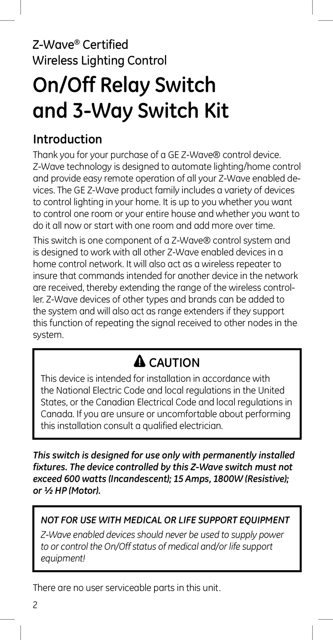 GE 45609, 45614 manual Introduction, Not for USE with Medical or Life Support Equipment 