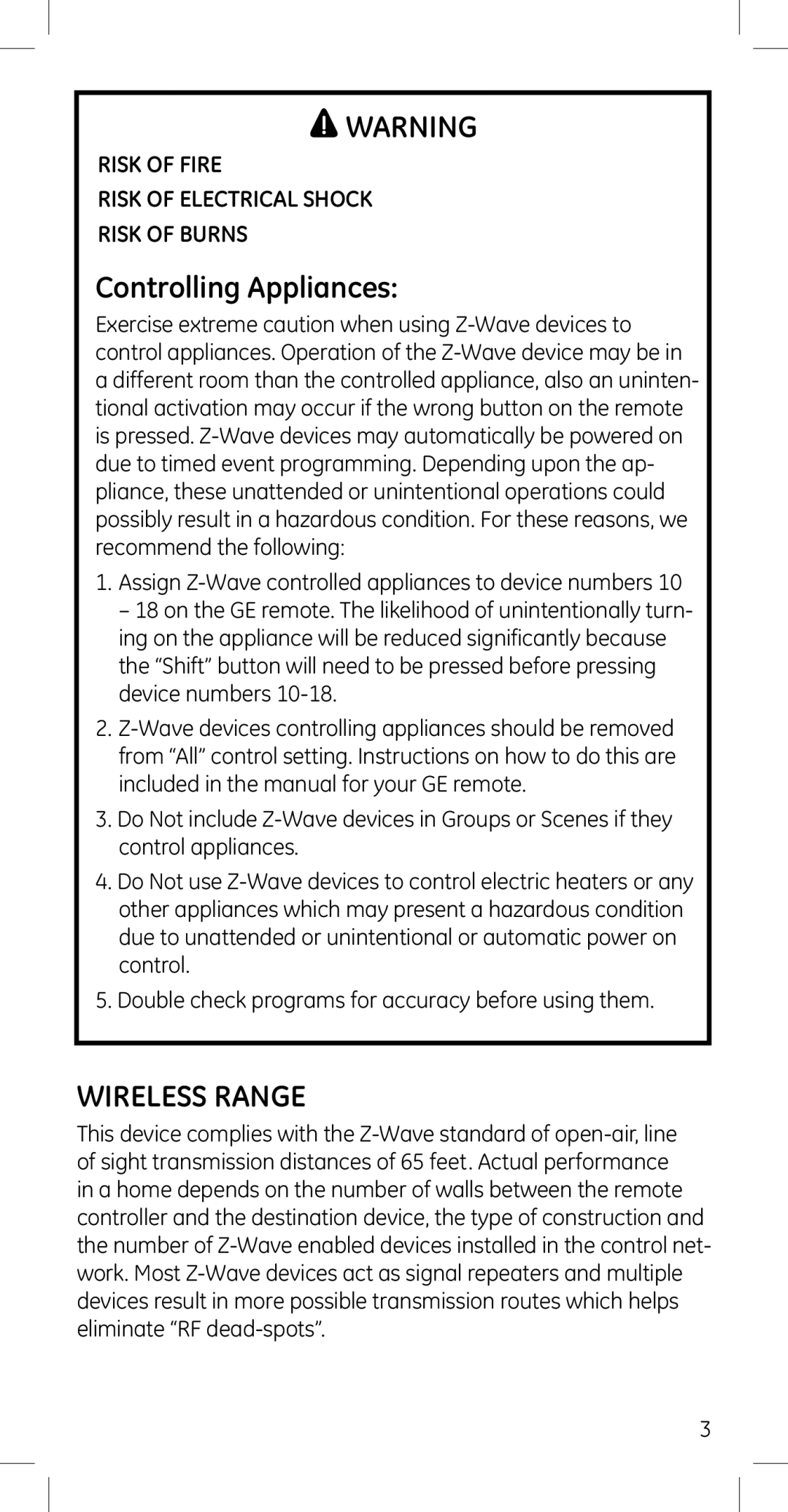 GE 45614, 45609 manual Controlling Appliances, Wireless Range 