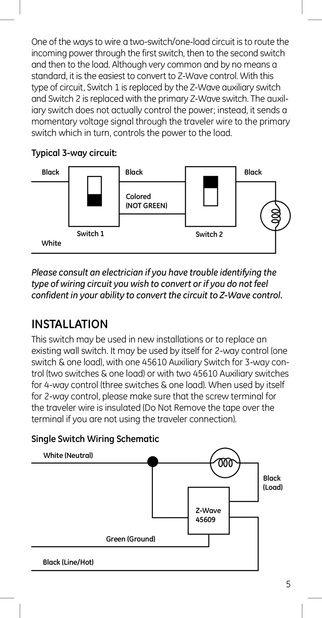 GE 45614, 45609 manual Installation, Single Switch Wiring Schematic 