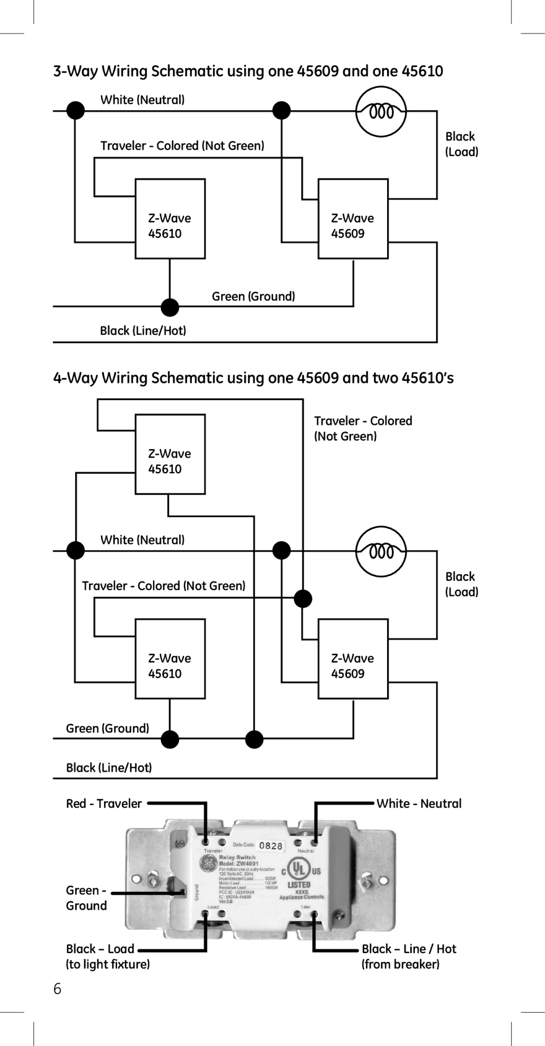 GE 45614 manual Way Wiring Schematic using one 45609 and one, Way Wiring Schematic using one 45609 and two 45610’s 