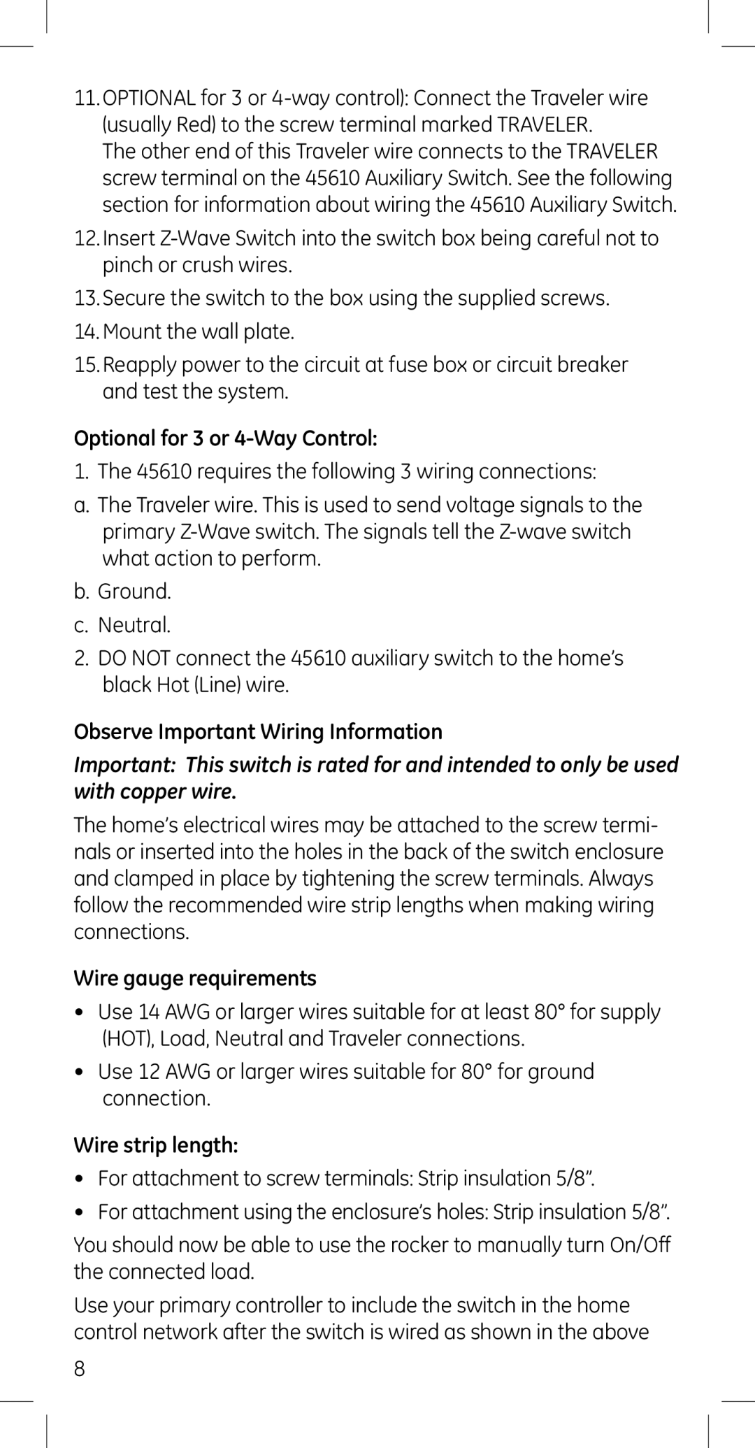 GE 45609 Optional for 3 or 4-Way Control, Observe Important Wiring Information, Wire gauge requirements, Wire strip length 