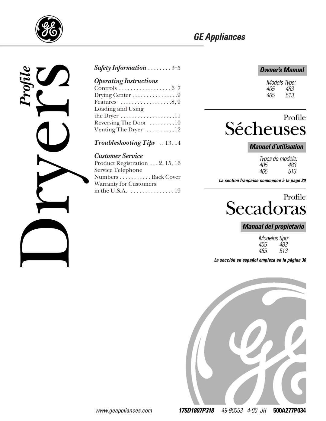 GE 465 owner manual Sécheuses 