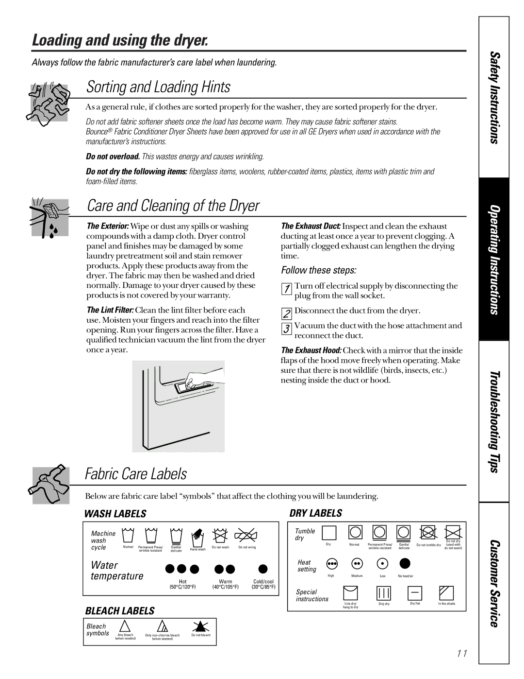 GE 465 Loading and using the dryer, Sorting and Loading Hints, Care and Cleaning of the Dryer, Fabric Care Labels 