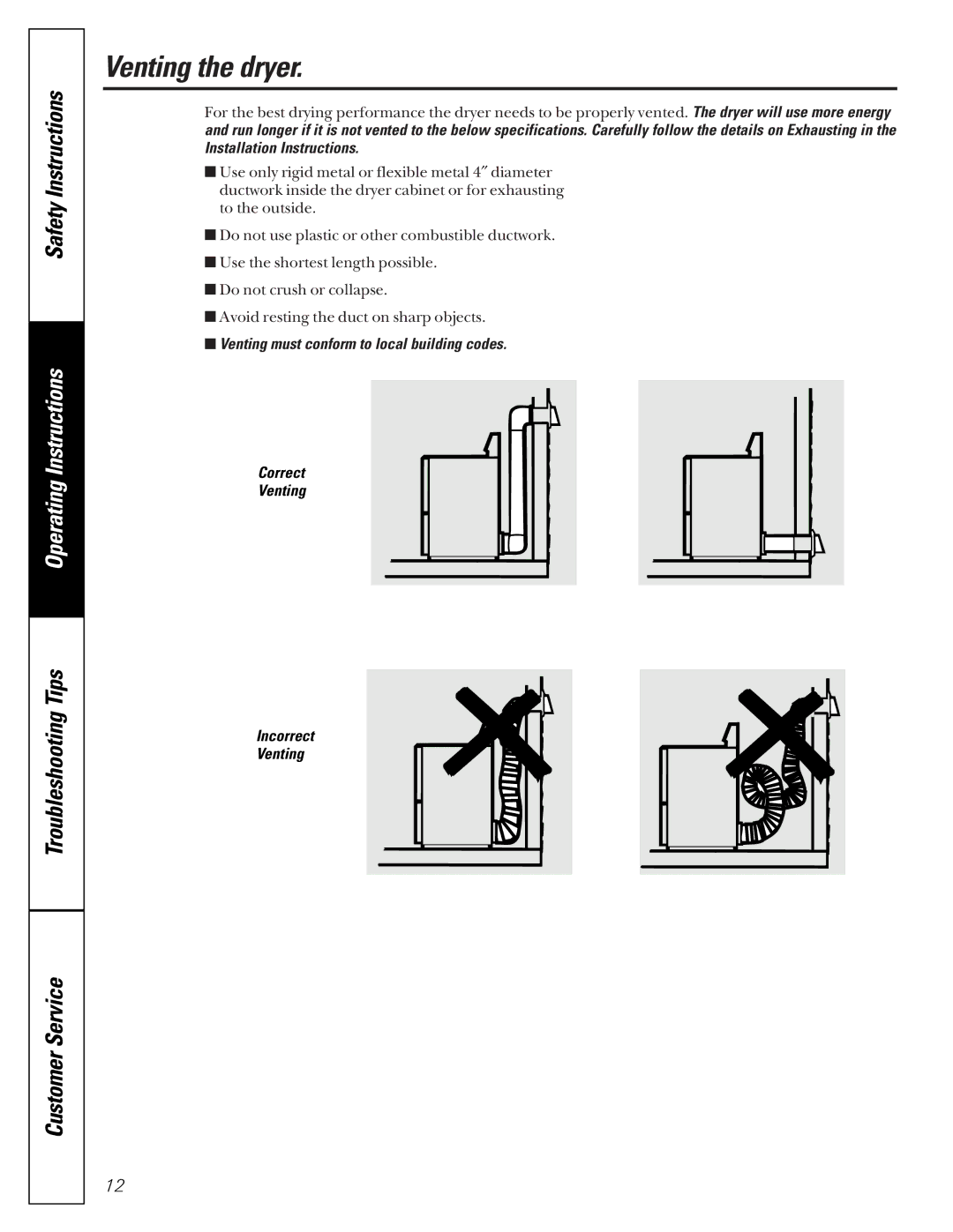 GE 465 owner manual Venting the dryer 