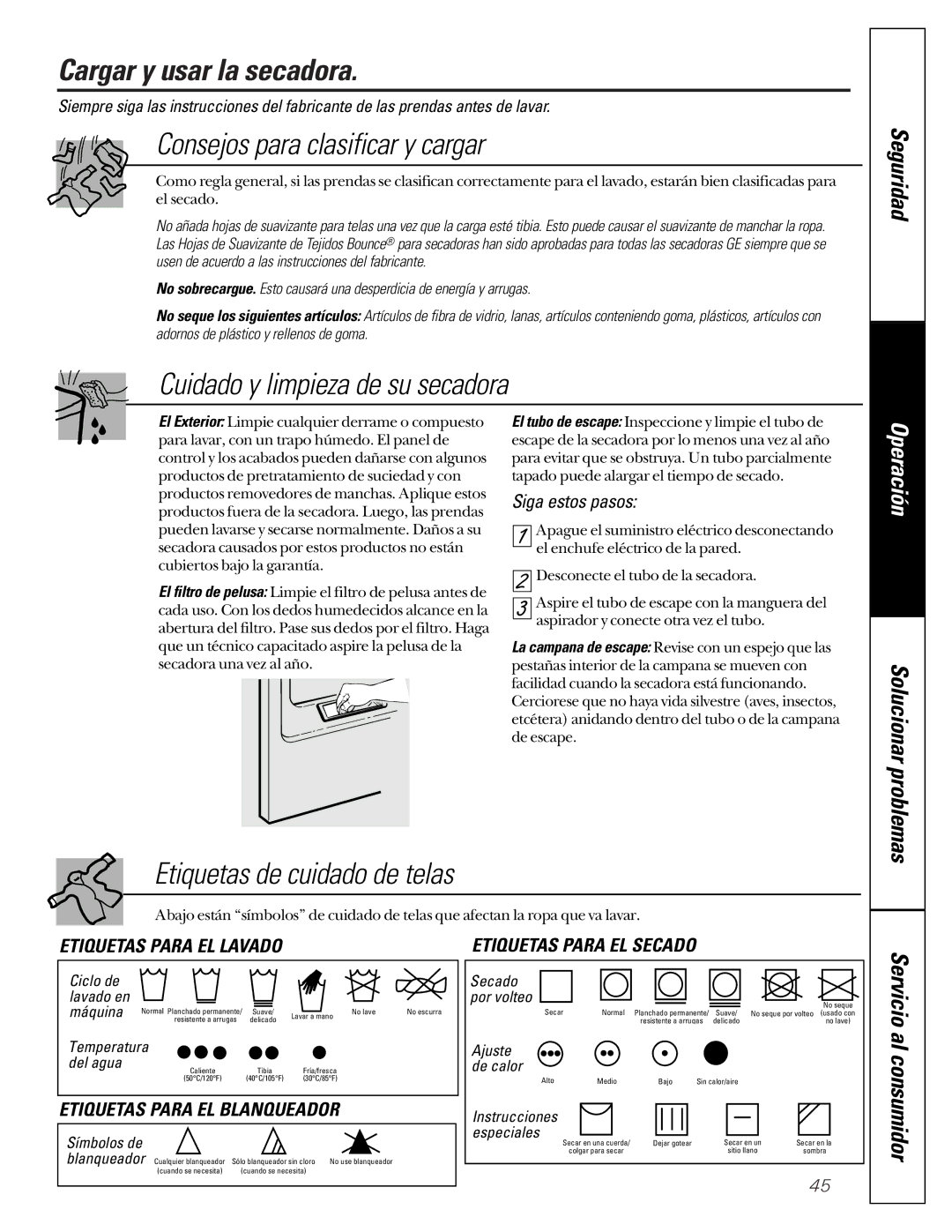 GE 465 owner manual Cargar y usar la secadora, Consejos para clasificar y cargar, Cuidado y limpieza de su secadora 