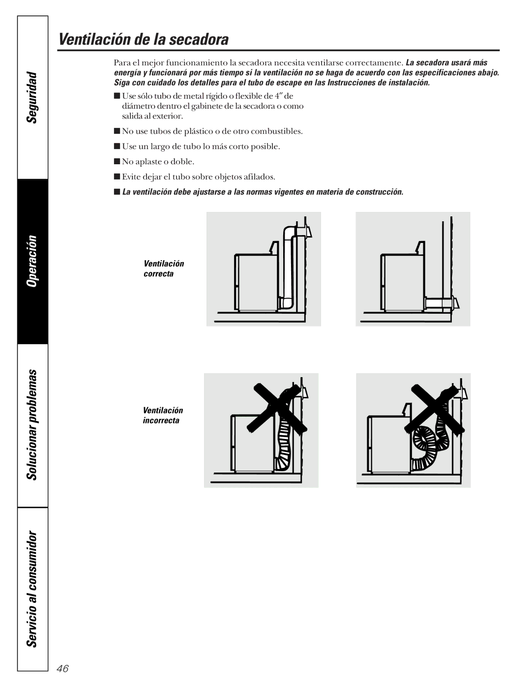 GE 465 owner manual Ventilación de la secadora 