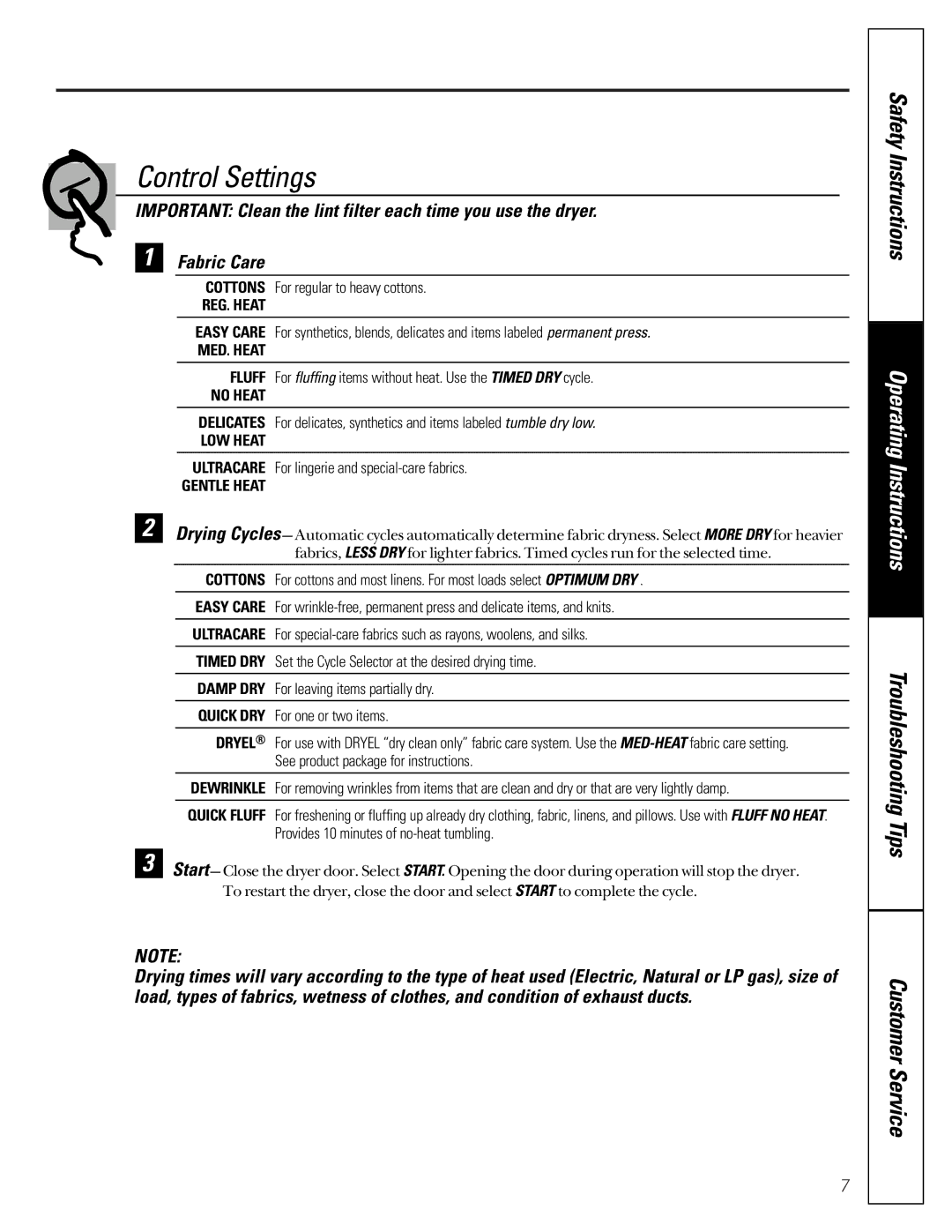 GE 465 owner manual Control Settings, Gentle Heat 