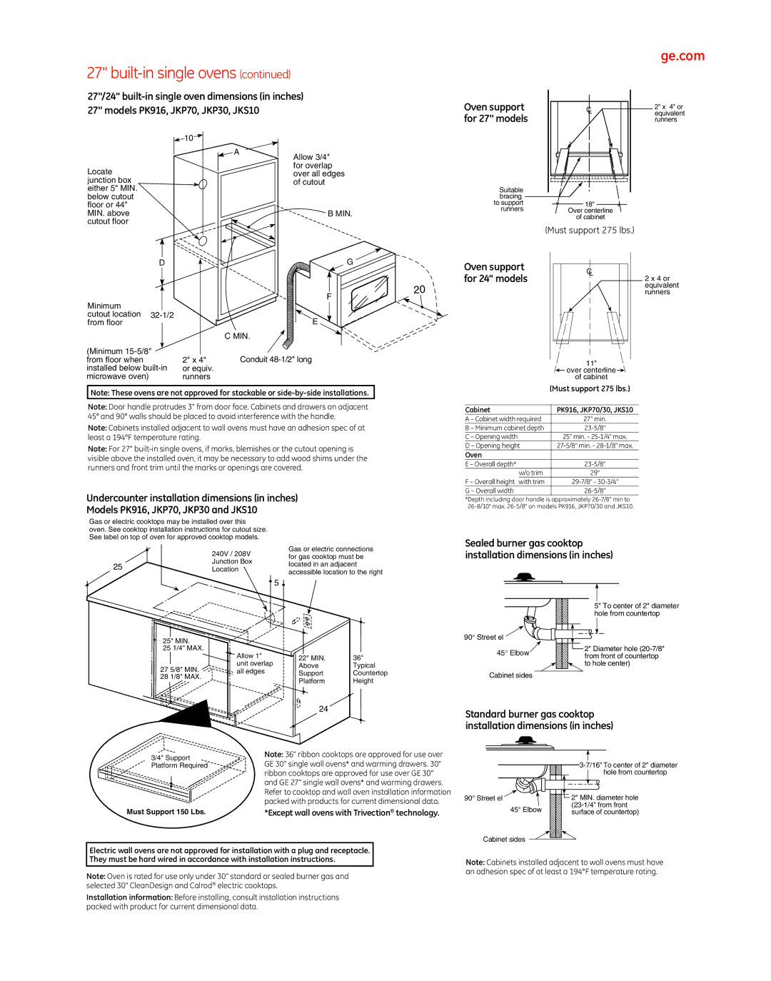 GE 47019 27/24 built-in single oven dimensions in inches, Models PK916, JKP70, JKP30, JKS10, Sealed burner gas cooktop 