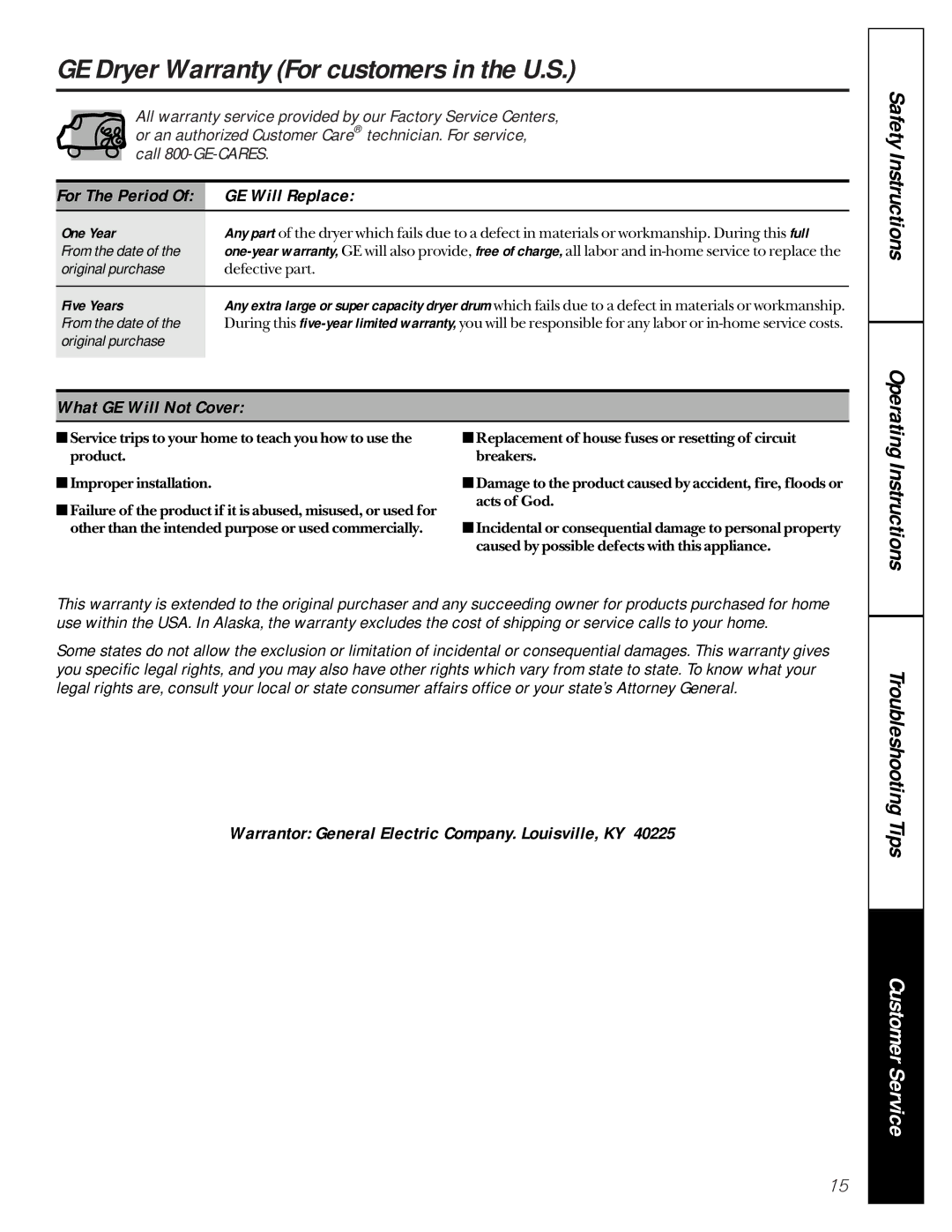 GE 475, 453, 473 owner manual GE Dryer Warranty For customers in the U.S, GE Will Replace, What GE Will Not Cover 