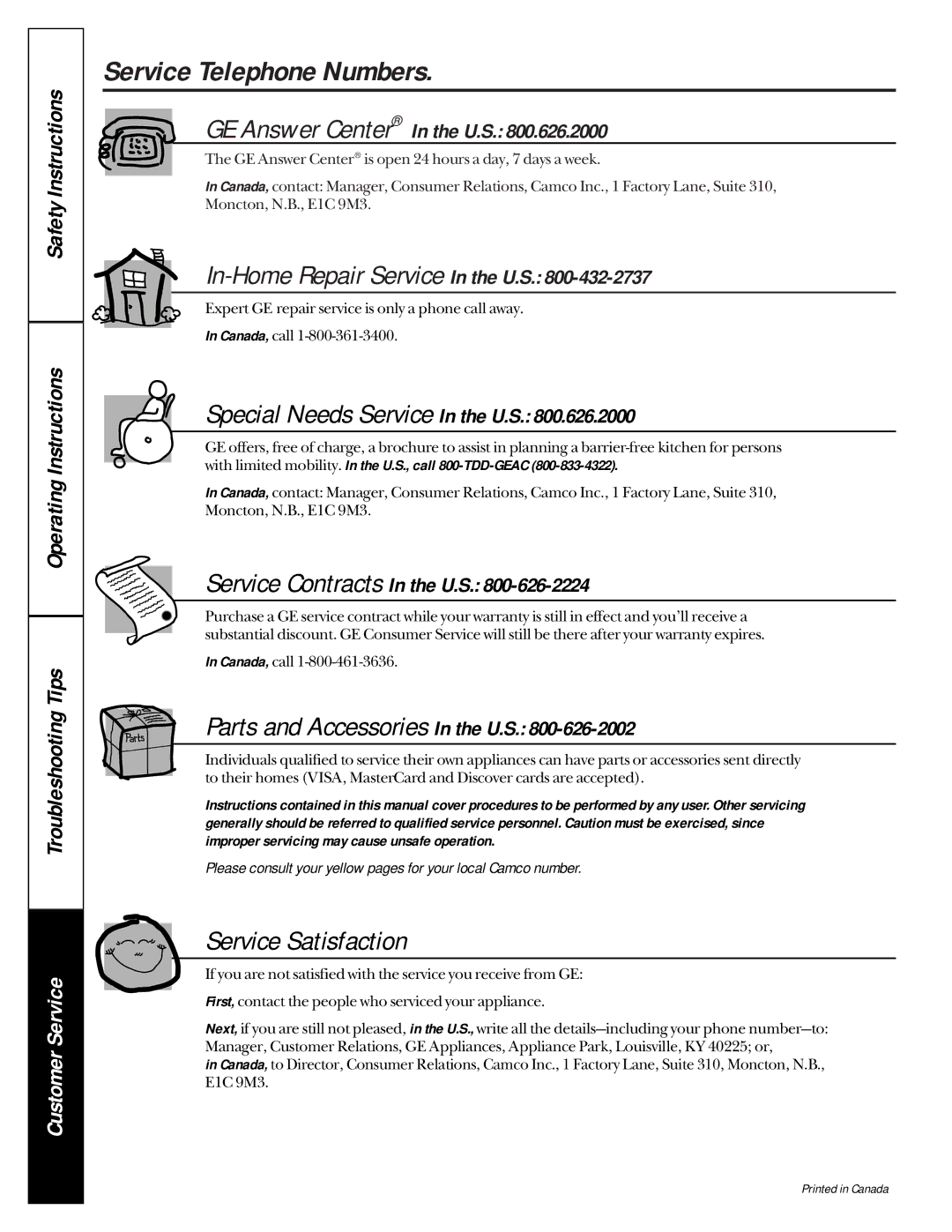 GE 453, 475, 473 owner manual Service Telephone Numbers, Service Satisfaction 