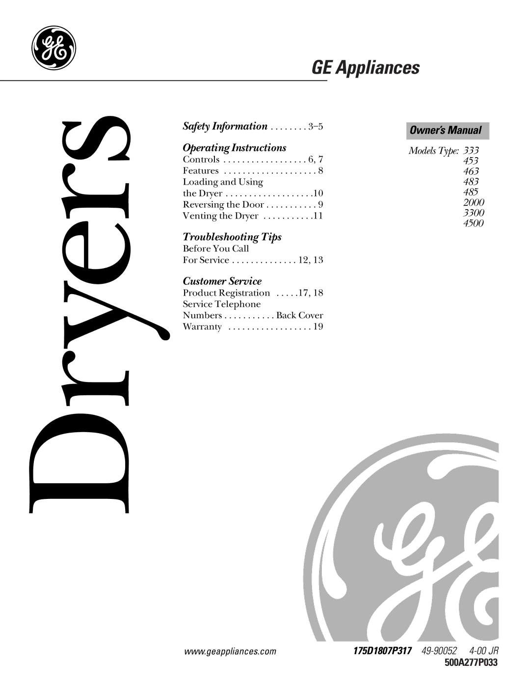 GE 483, 485, 463, 3300, 333, 2000 owner manual Dryers 