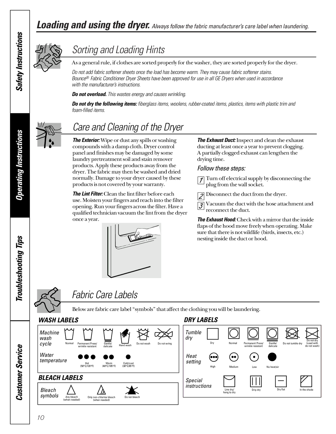 GE 333, 485, 483, 463, 3300, 2000 owner manual Sorting and Loading Hints, Care and Cleaning of the Dryer, Fabric Care Labels 