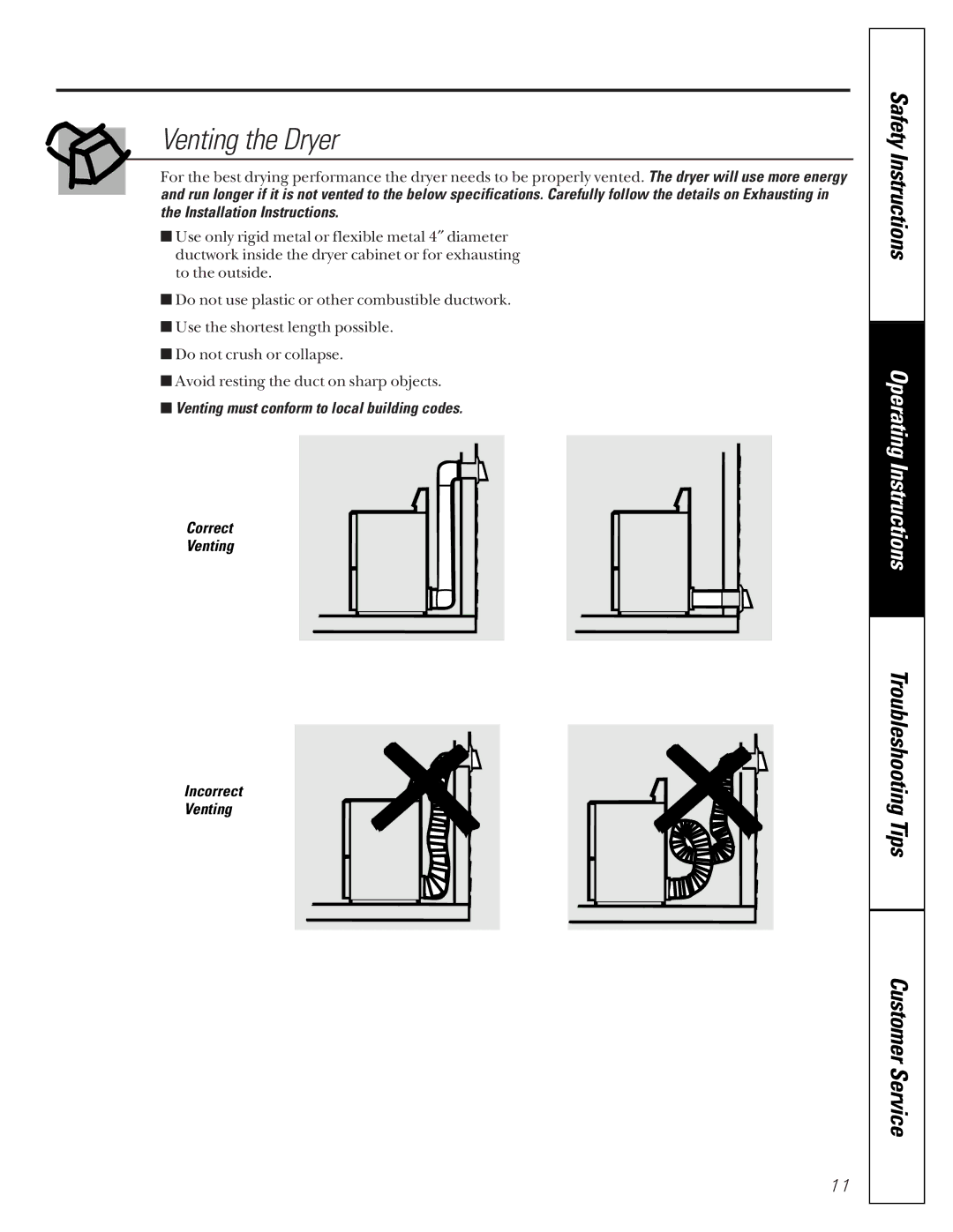 GE 2000, 485, 483, 463, 3300, 333 owner manual Venting the Dryer 