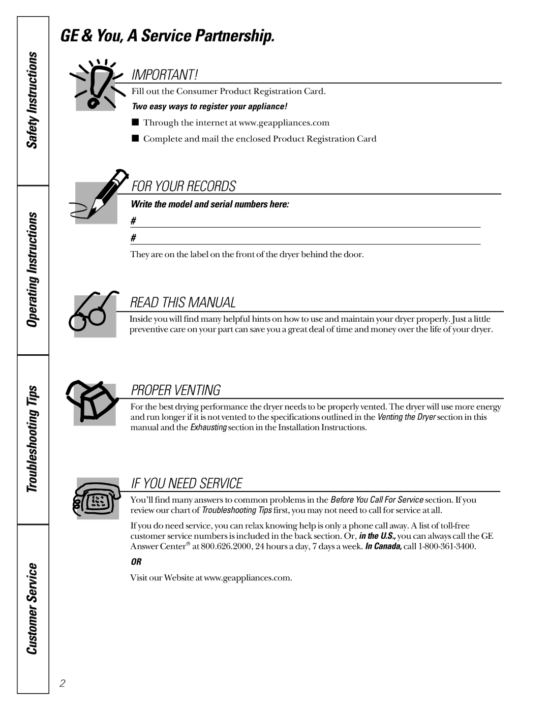 GE 463, 485, 483, 3300, 333, 2000 owner manual GE & You, a Service Partnership, Two easy ways to register your appliance 