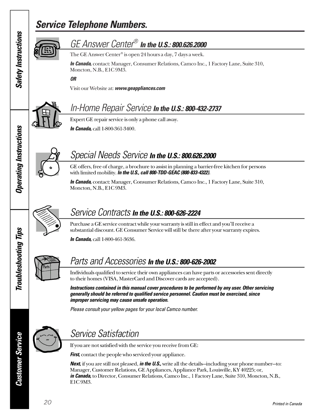 GE 463, 485, 483, 3300, 333, 2000 owner manual Service Telephone Numbers, Service Satisfaction 