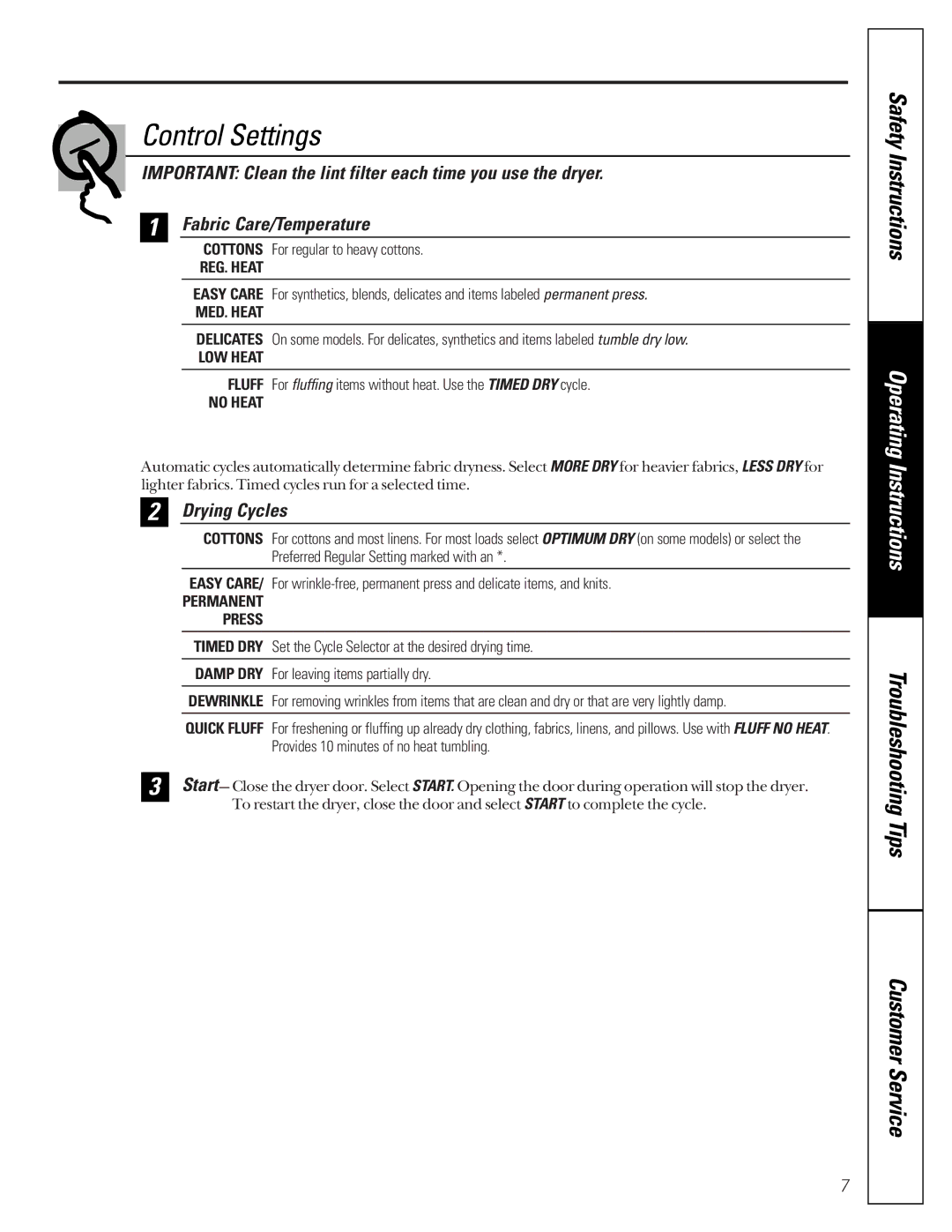 GE 483, 485, 463, 3300, 333, 2000 owner manual Control Settings, Drying Cycles 