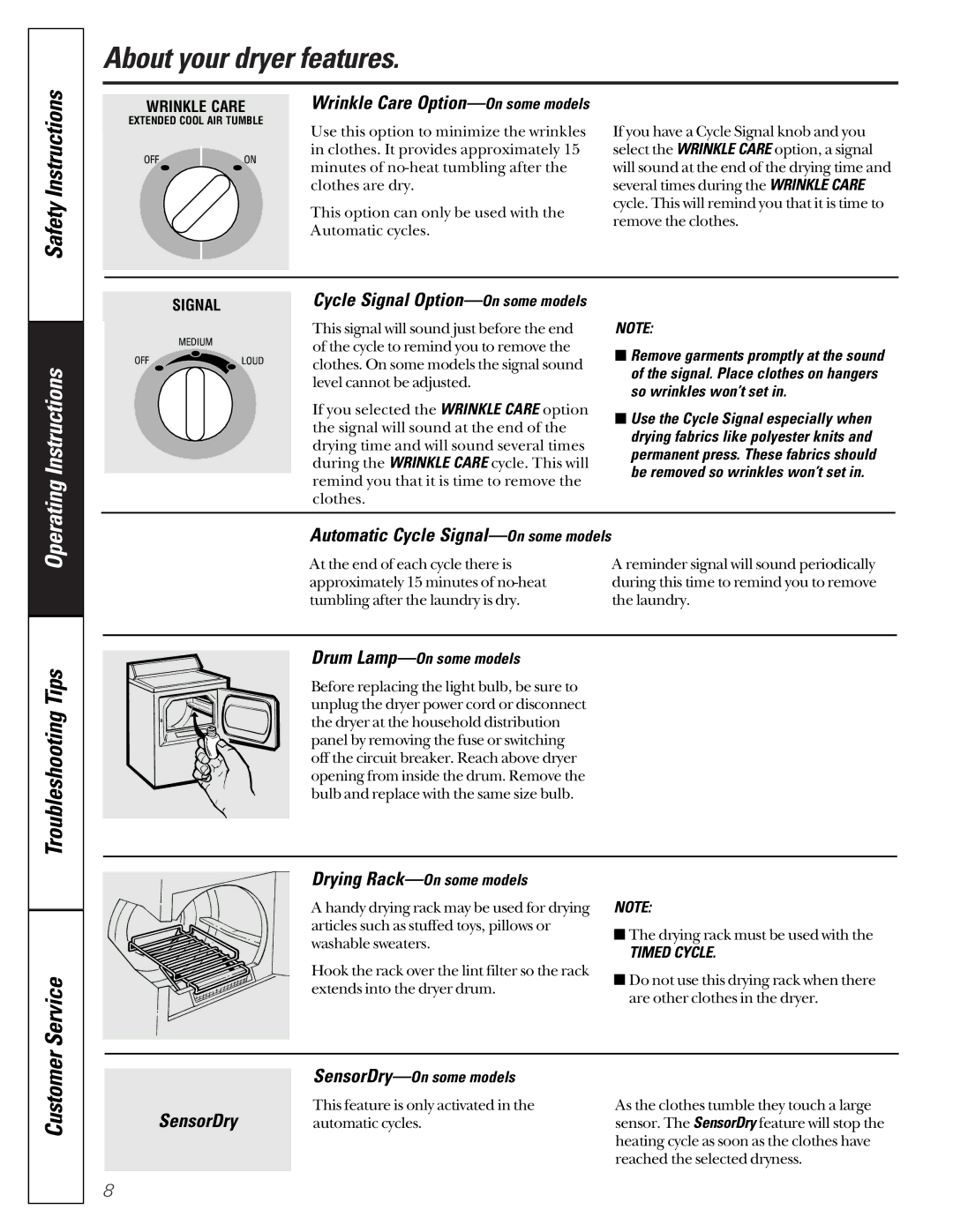 GE 463, 485, 483, 3300, 333, 2000 owner manual About your dryer features, Automatic Cycle Signal-On some models, SensorDry 