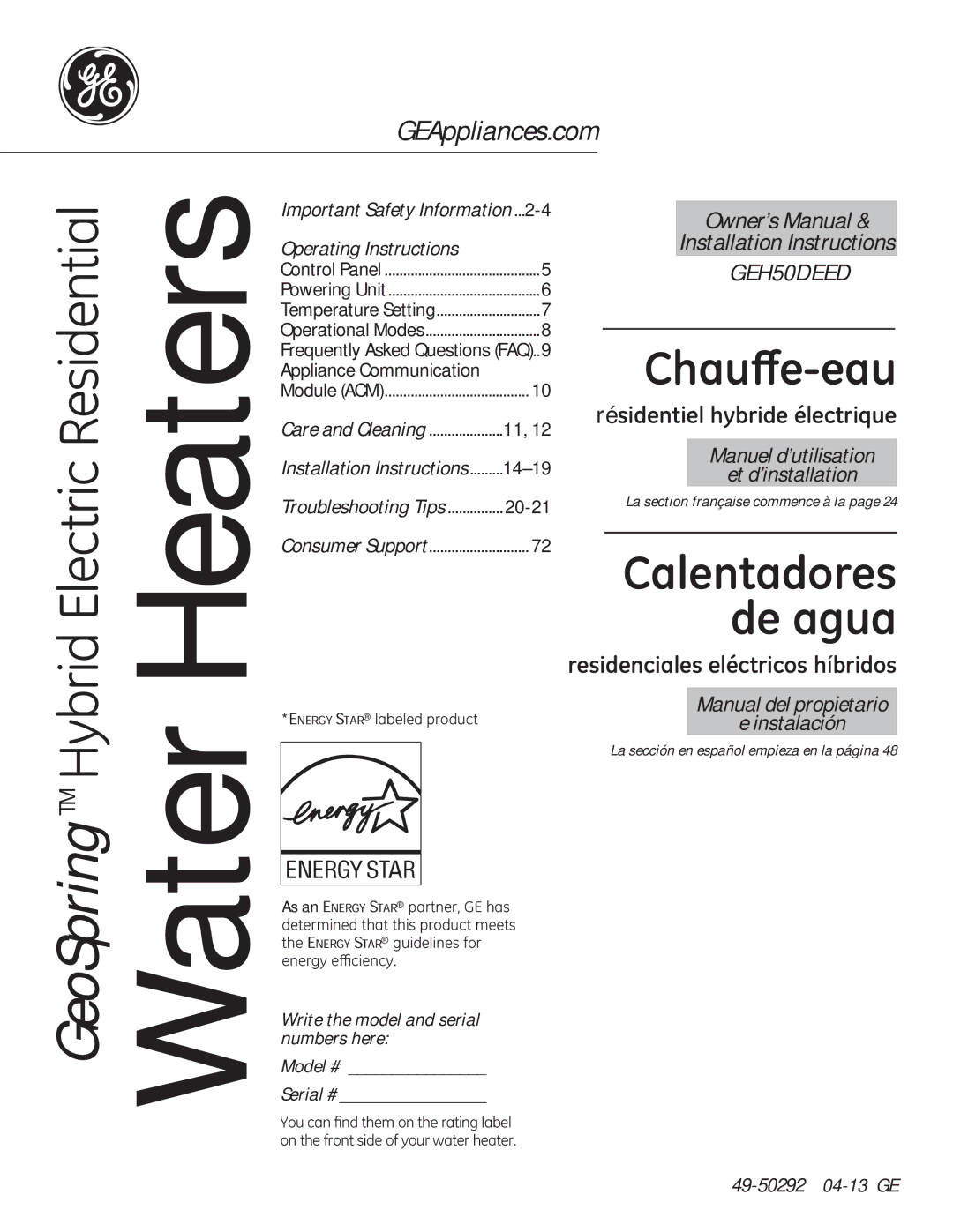 GE owner manual GEAppliances.com, Operating Instructions, 49-50292 04-13 GE, Important Safety Information 