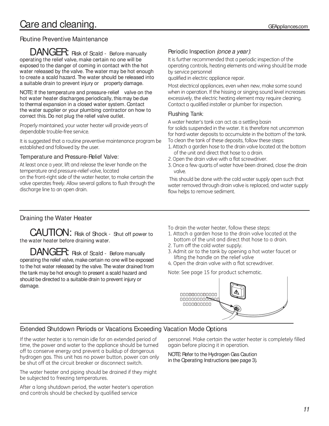 GE 49-50292 owner manual Care and cleaning, Routine Preventive Maintenance, Draining the Water Heater 