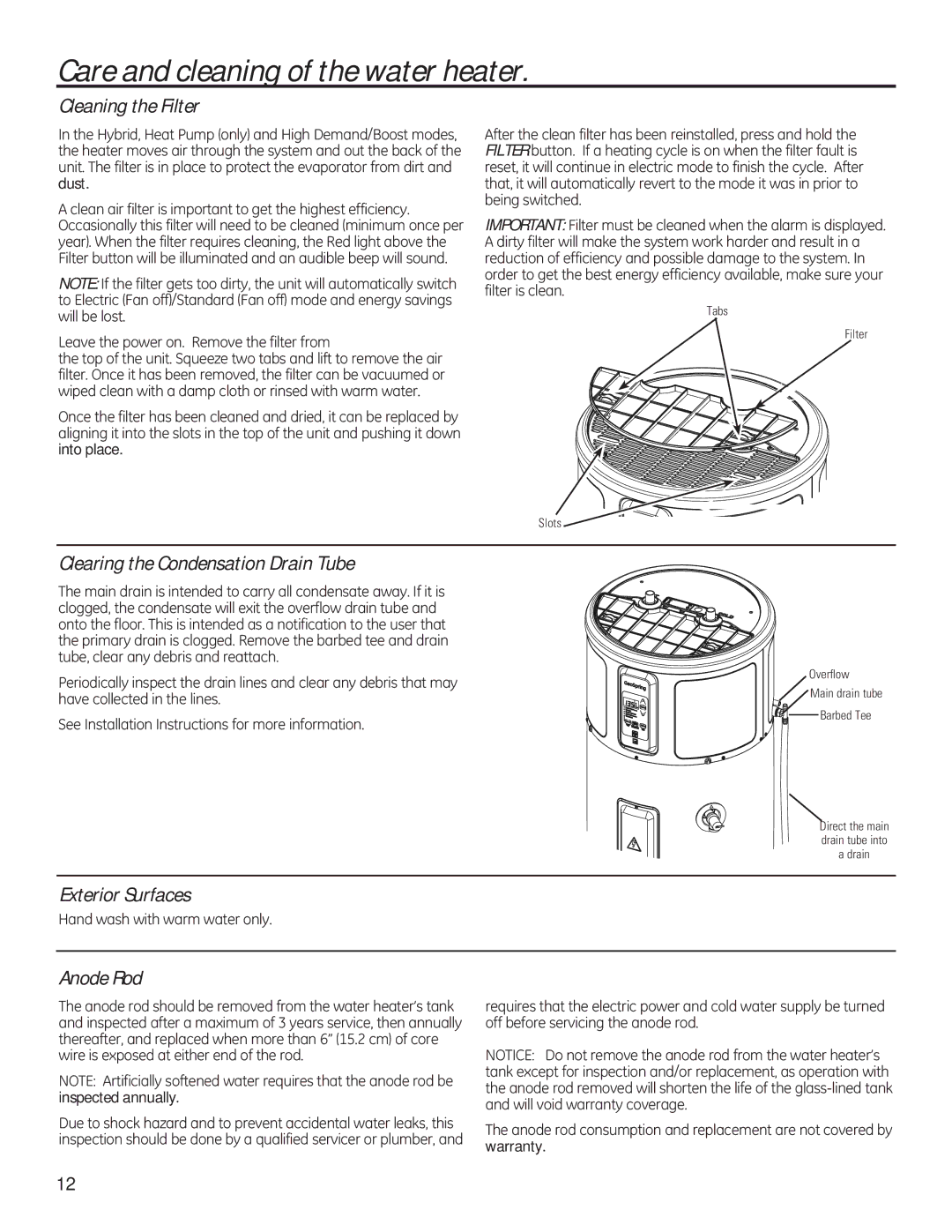 GE 49-50292 Care and cleaning of the water heater, Cleaning the Filter, Clearing the Condensation Drain Tube, Anode Rod 