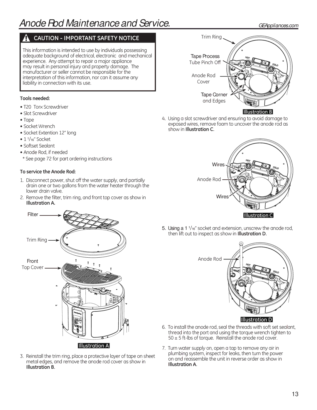 GE 49-50292 owner manual Anode Rod Maintenance and Service, 7RROVQHHGHG, 7RVHUYLFHWKH$QRGH5RG, Ooxvwudwlrq$ 