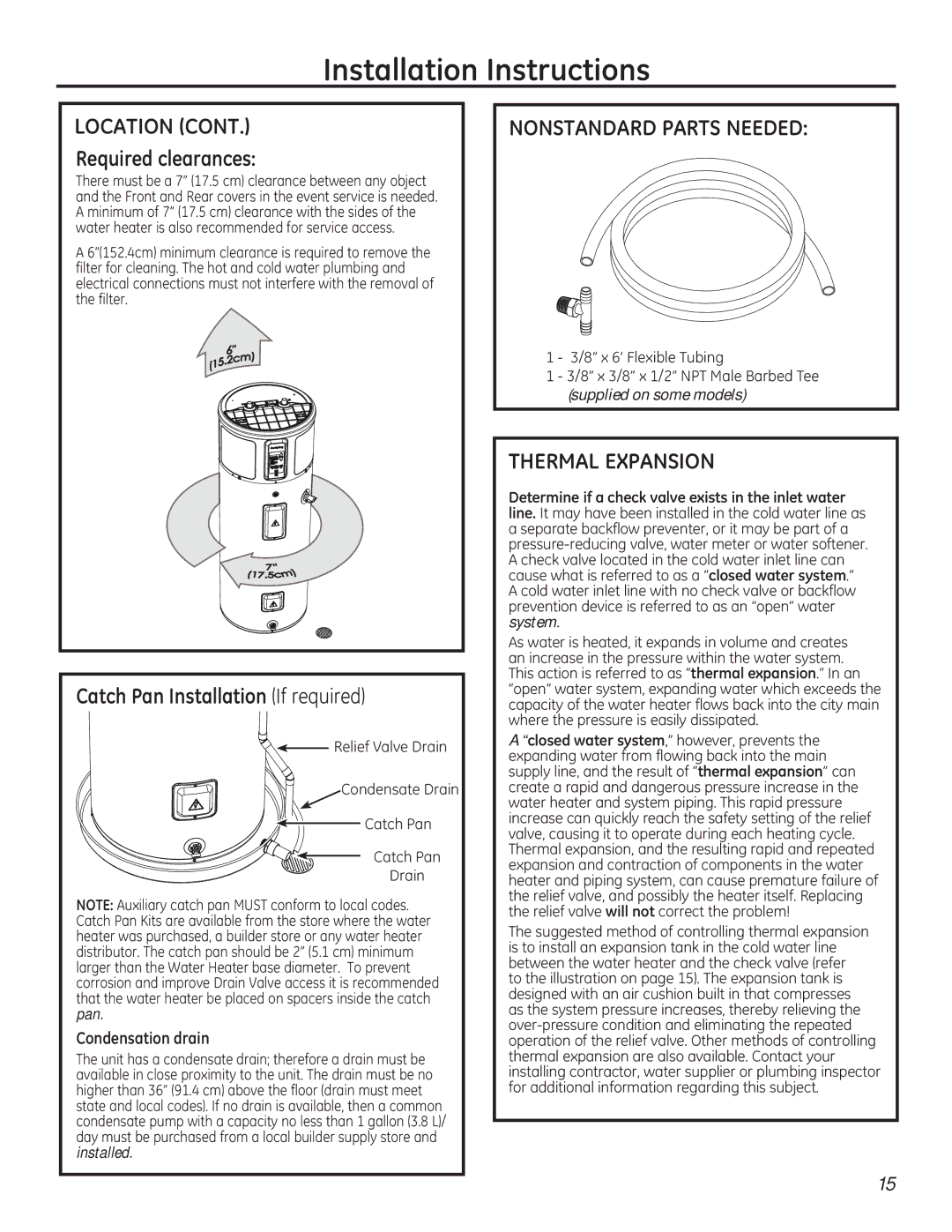 GE 49-50292 owner manual 5HTXLUHGFOHDUDQFHV, WkhIlowhu, DWFK3DQ,QVWDOODWLRQ,IUHTXLUHG, Udlq 