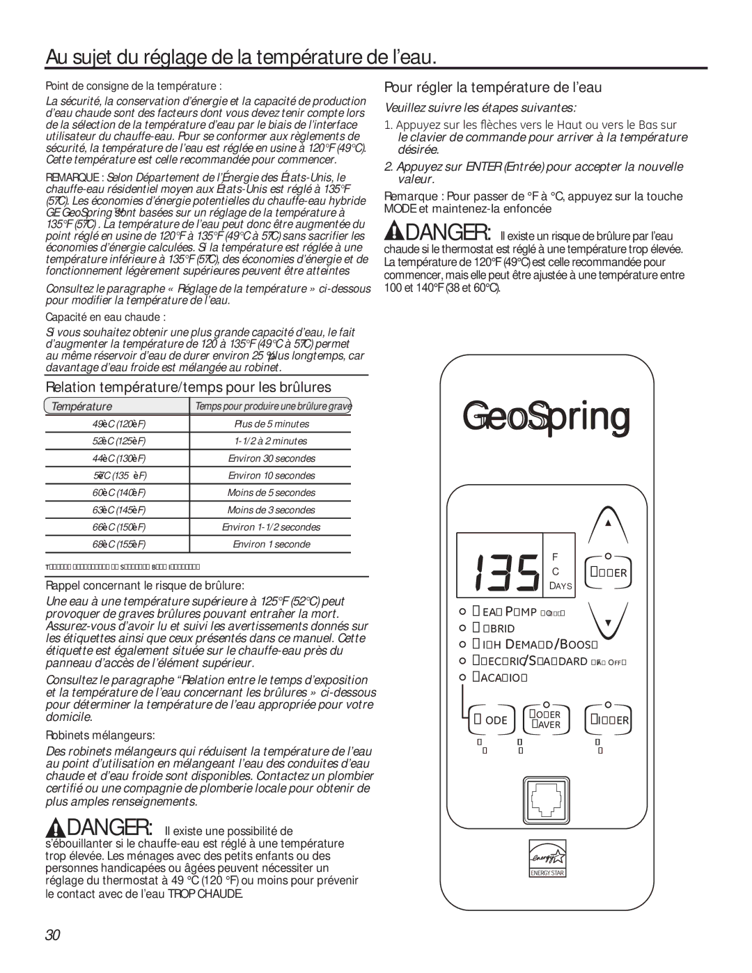 GE 49-50292 owner manual Au sujet du réglage de la température de l’eau, Relation température/temps pour les brûlures 