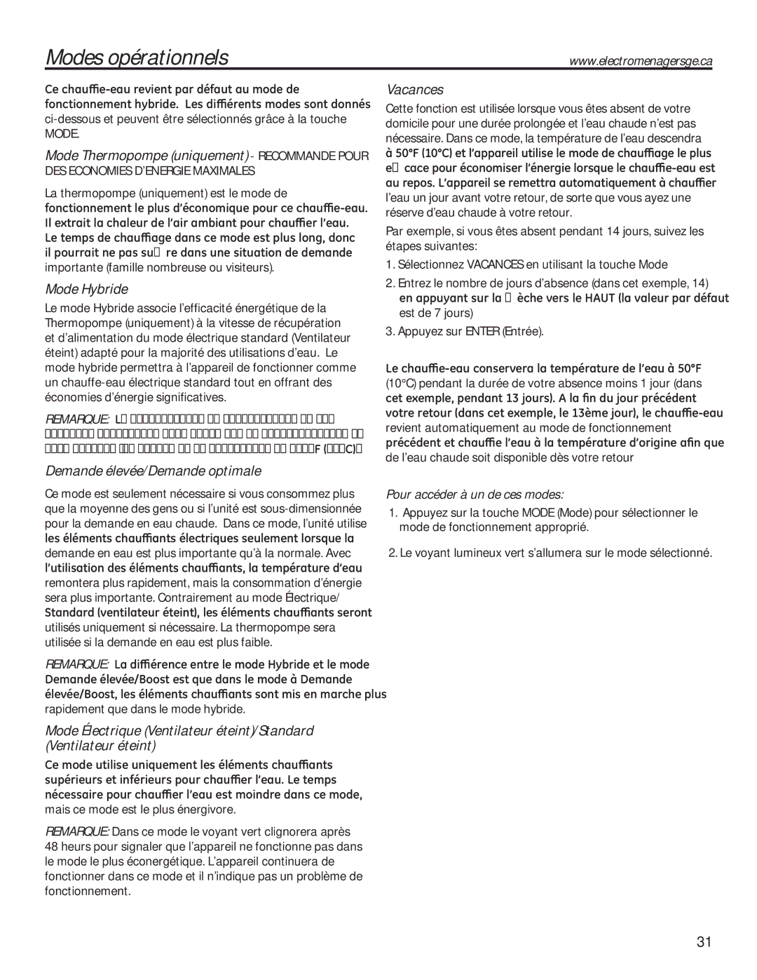 GE 49-50292 Modes opérationnels, Mode Hybride, Demande élevée/Demande optimale, Vacances, Pour accéder à un de ces modes 