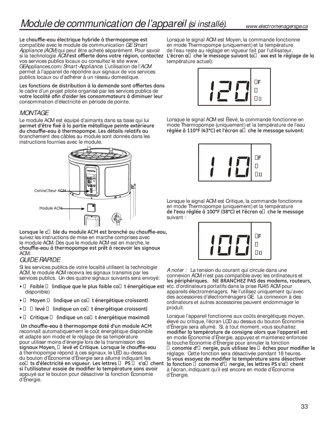 GE 49-50292 owner manual Module de communication de l’appareil si installé, Acm 