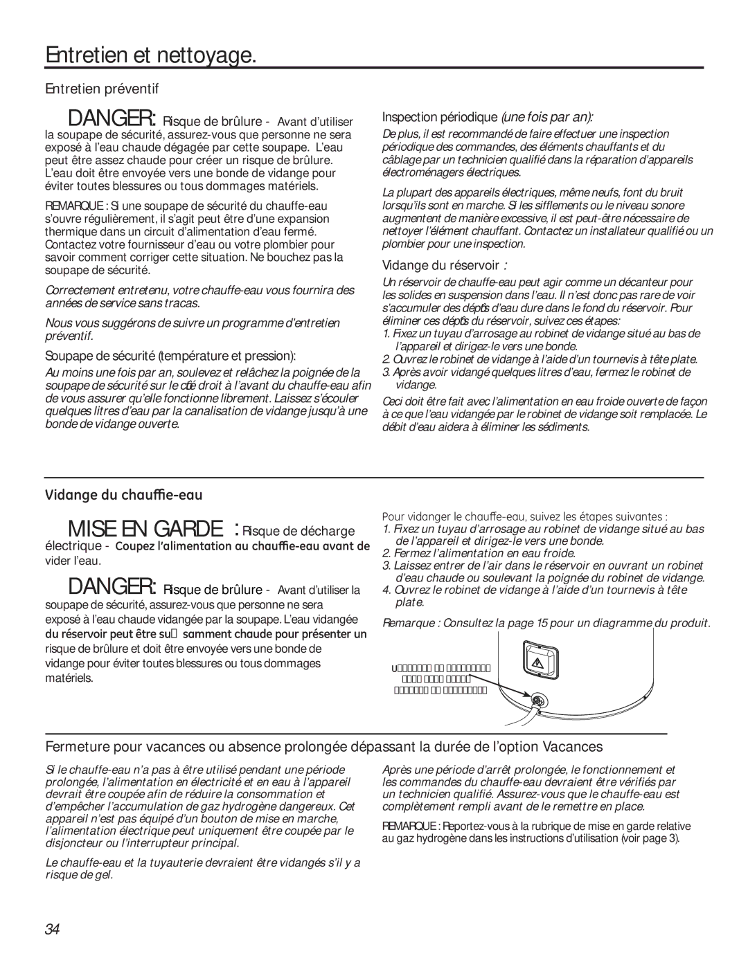 GE 49-50292 Entretien et nettoyage, Entretien préventif, Soupape de sécurité température et pression, Vidange du réservoir 