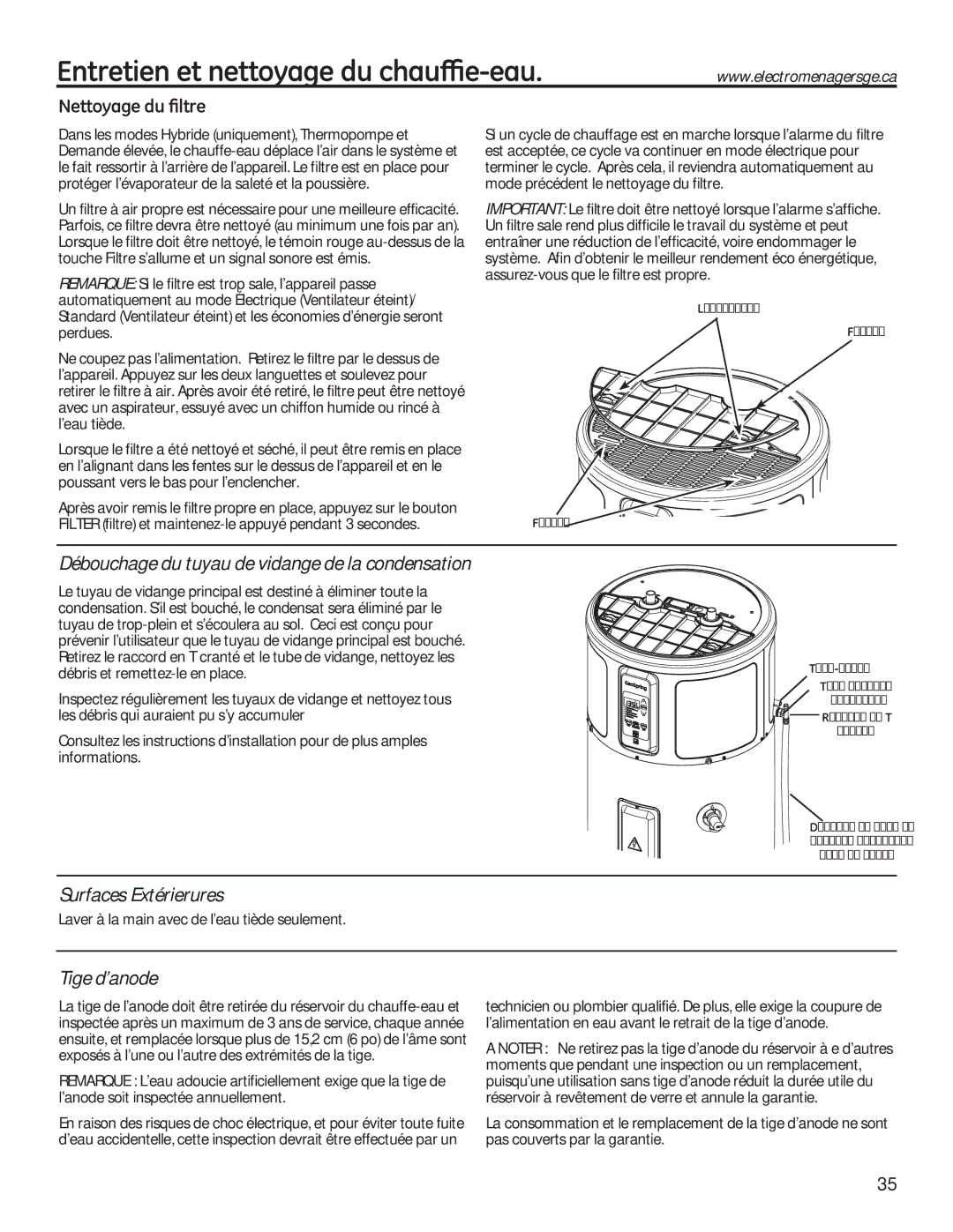 GE 49-50292 owner manual Débouchage du tuyau de vidange de la condensation, Surfaces Extérierures, Tige d’anode 