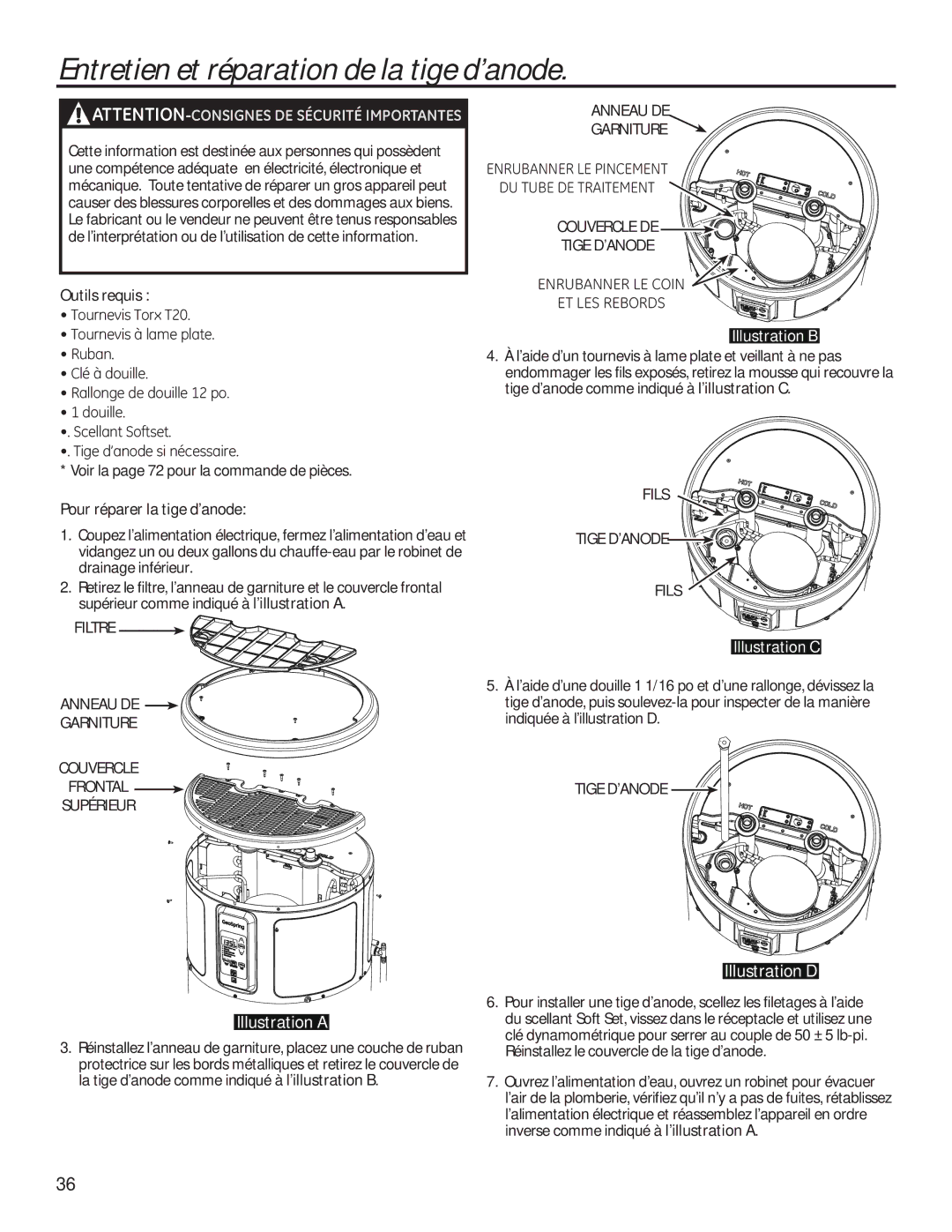 GE 49-50292 owner manual Entretien et réparation de la tige d’anode, Outils requis, Pour réparer la tige d’anode 