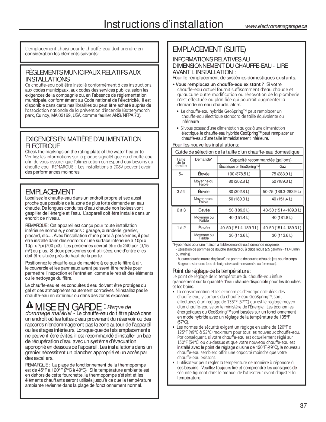 GE 49-50292 owner manual Emplacement Suite, Point de réglage de la température 