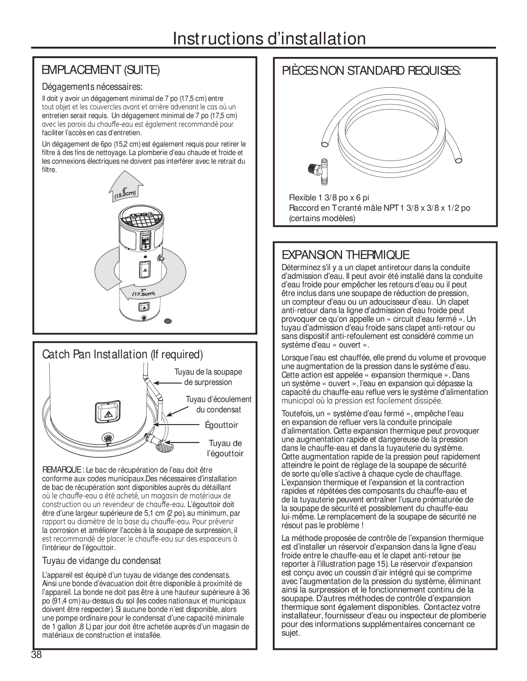 GE 49-50292 Pièces NON Standard Requises, Expansion Thermique, Dégagements nécessaires, Tuyau de vidange du condensat 