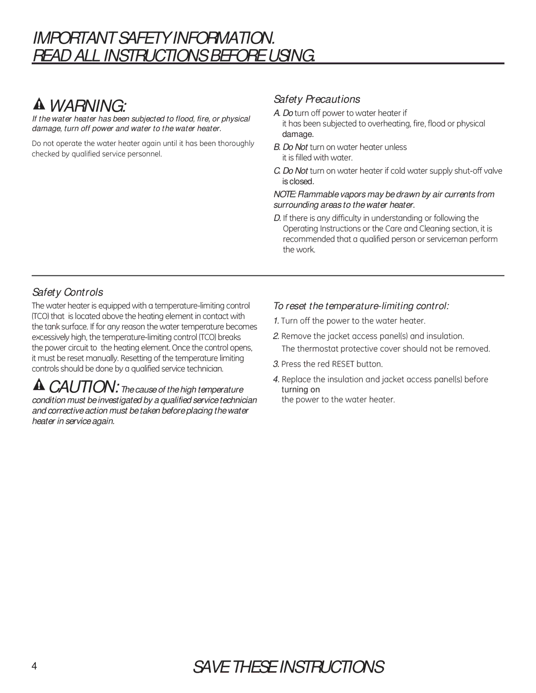 GE 49-50292 Safety Precautions, Safety Controls, To reset the temperature-limiting control, WkhSrzhuWrWkhZdwhuKhdwhu 